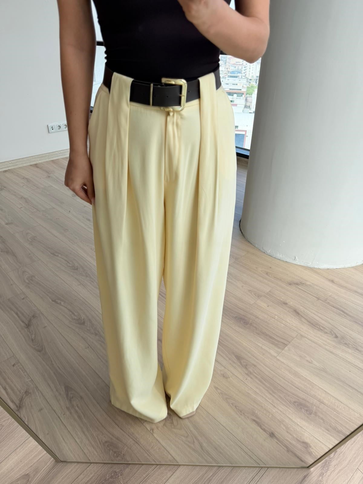 Dona Bel Pilili Sarı Kemerli Palazzo Pantolon