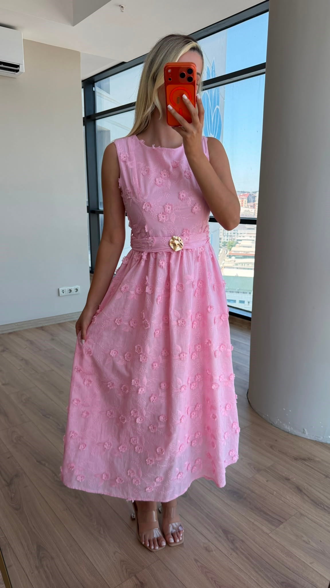 Çiçek Dokulu Tokalı Midi Yazlık Kadın Elbise Pembe