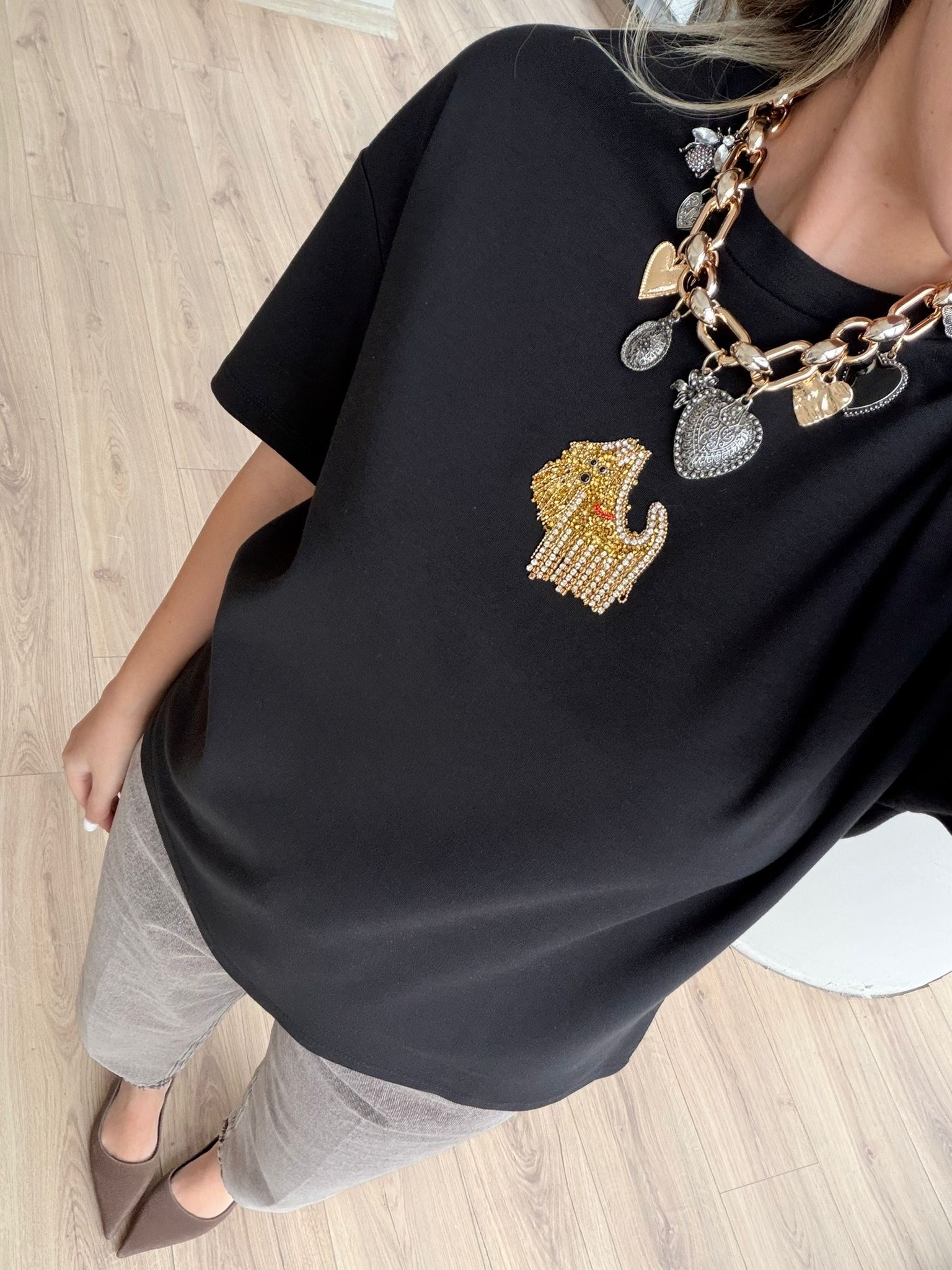 Orijinal BC Marka Taş İşleme Köpekli Tshrt Siyah