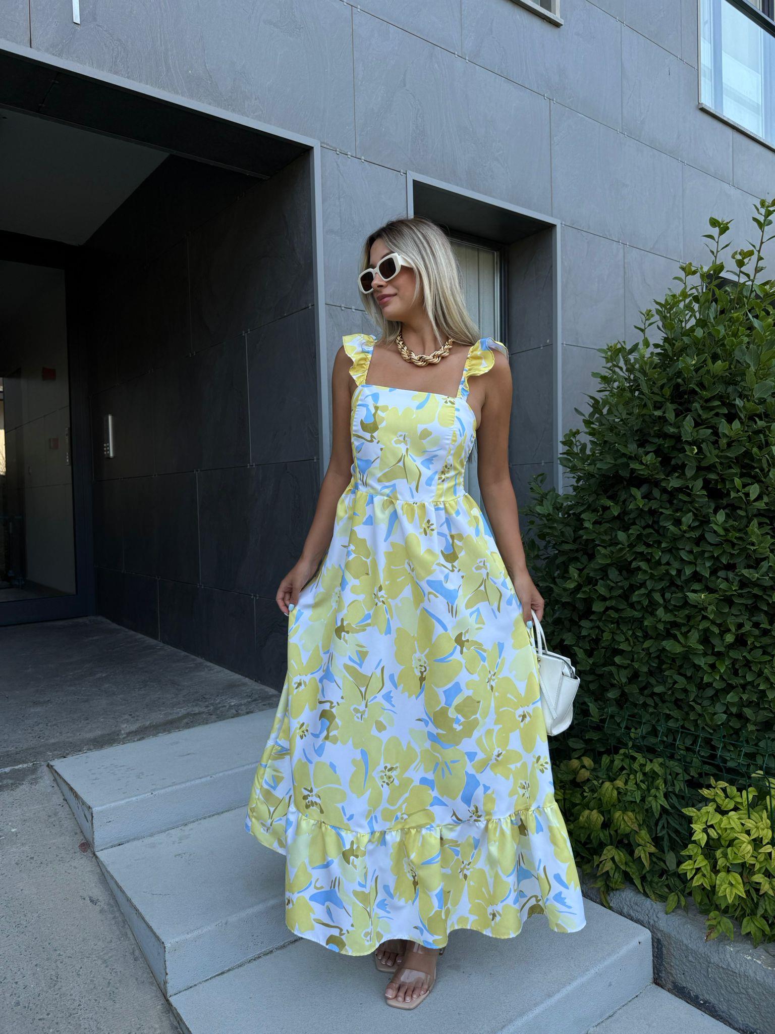 Sarı Çiçekli Fırfır Kollu Poplin Elbise