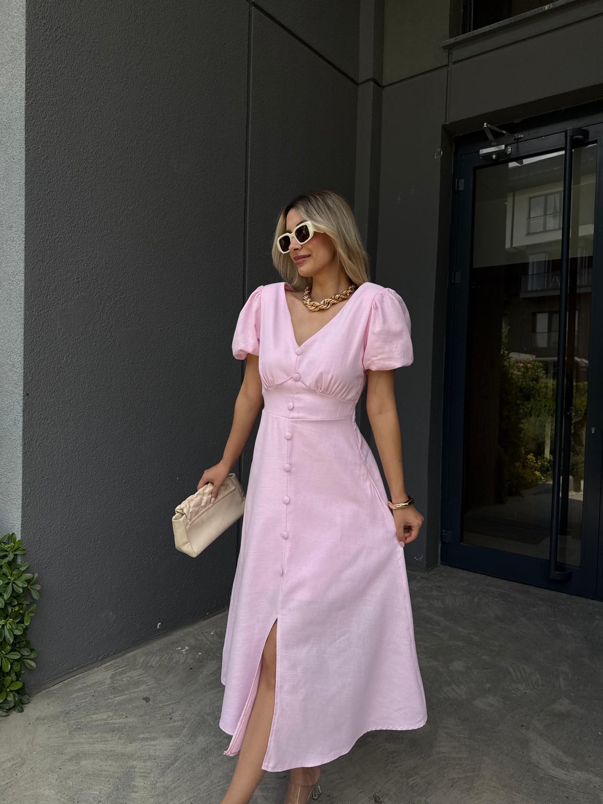 Diana Keten Elbise Toz Pembe