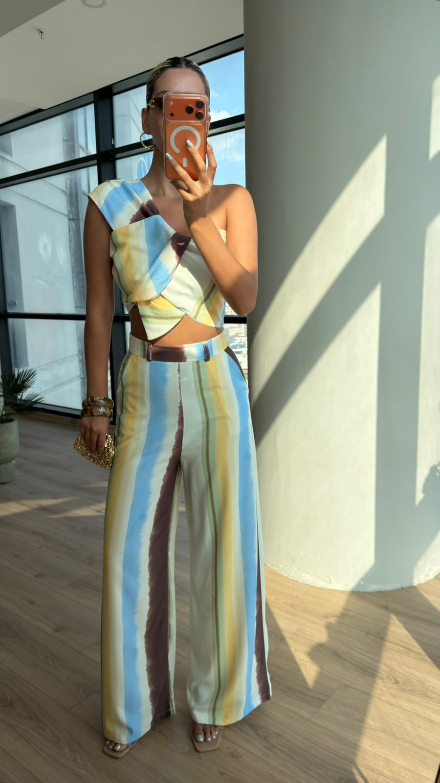 Renkli Çizgili Pantolon Crop Bluz Takım