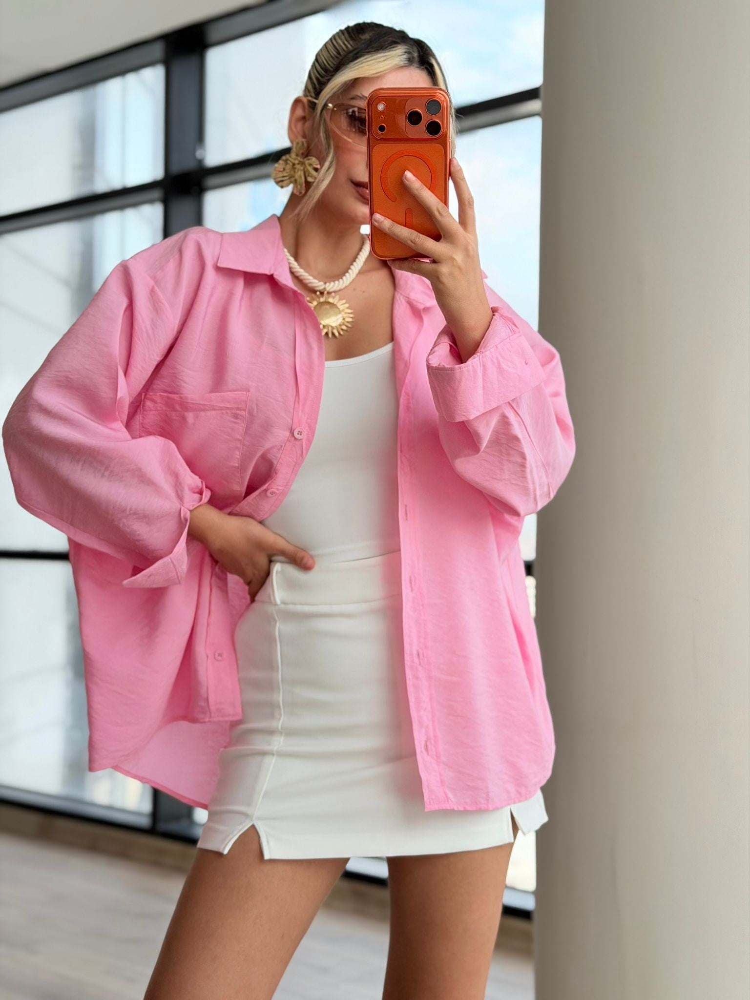 Mass Orijinal Etiketli Premium Oversize Pembe Kadın Gömlek