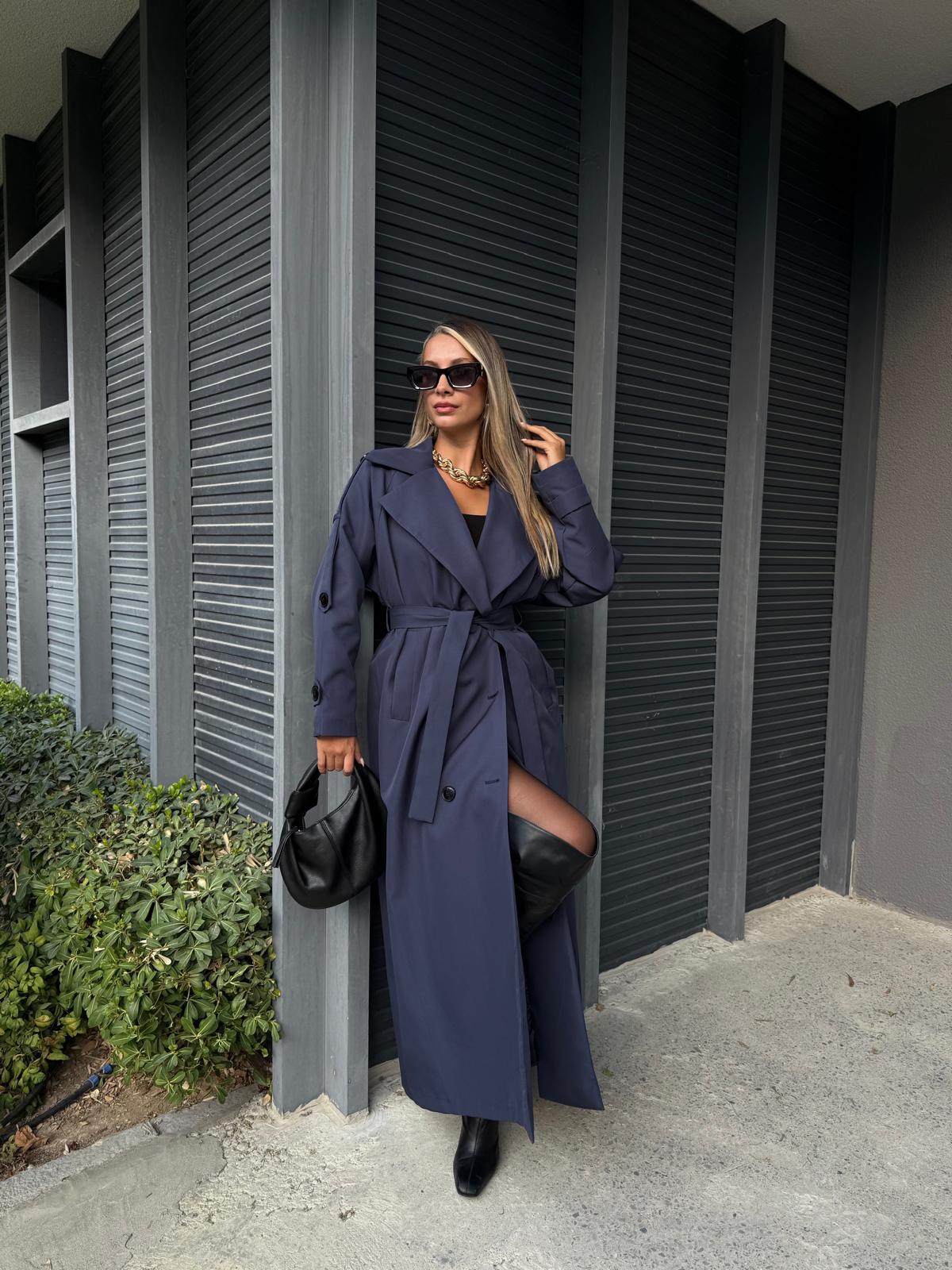 Kuşaklı Lacivert Trençkot
