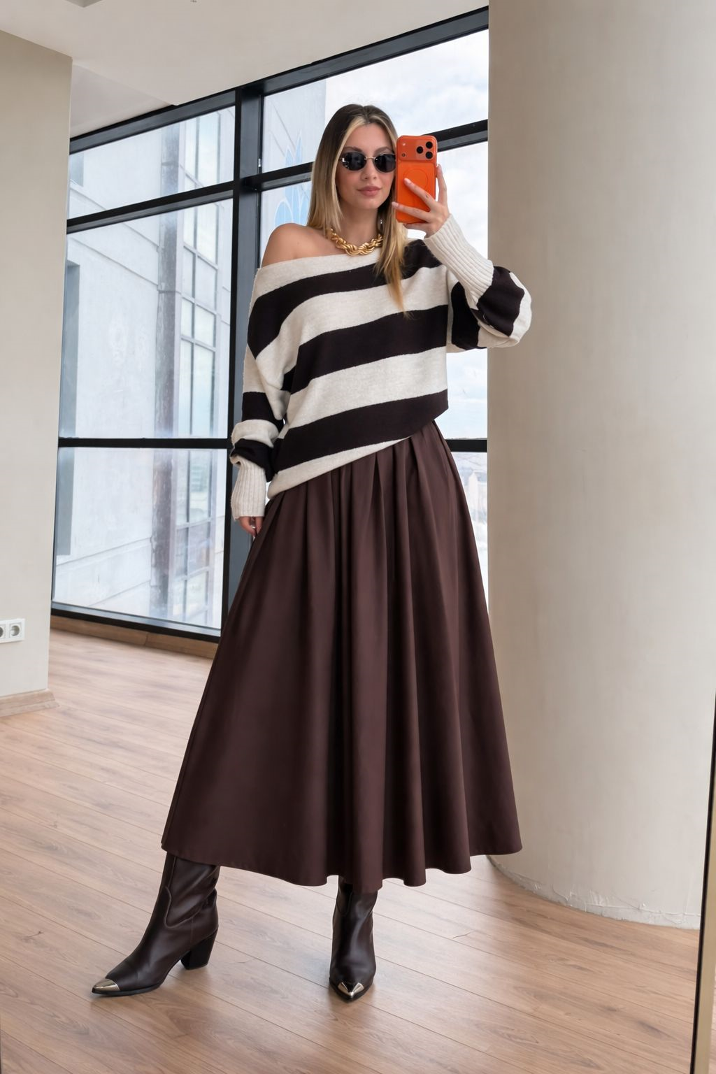 Beli Lastikli Gabardin Etek Kahverengi