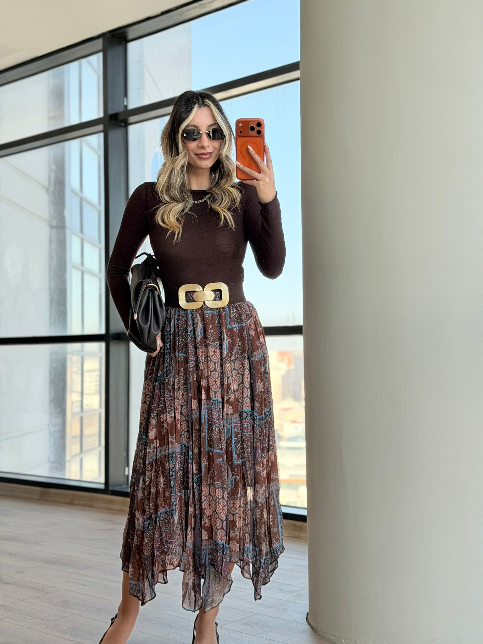Hit Romantik Şal Desenli Kahverengi Midi Etek 