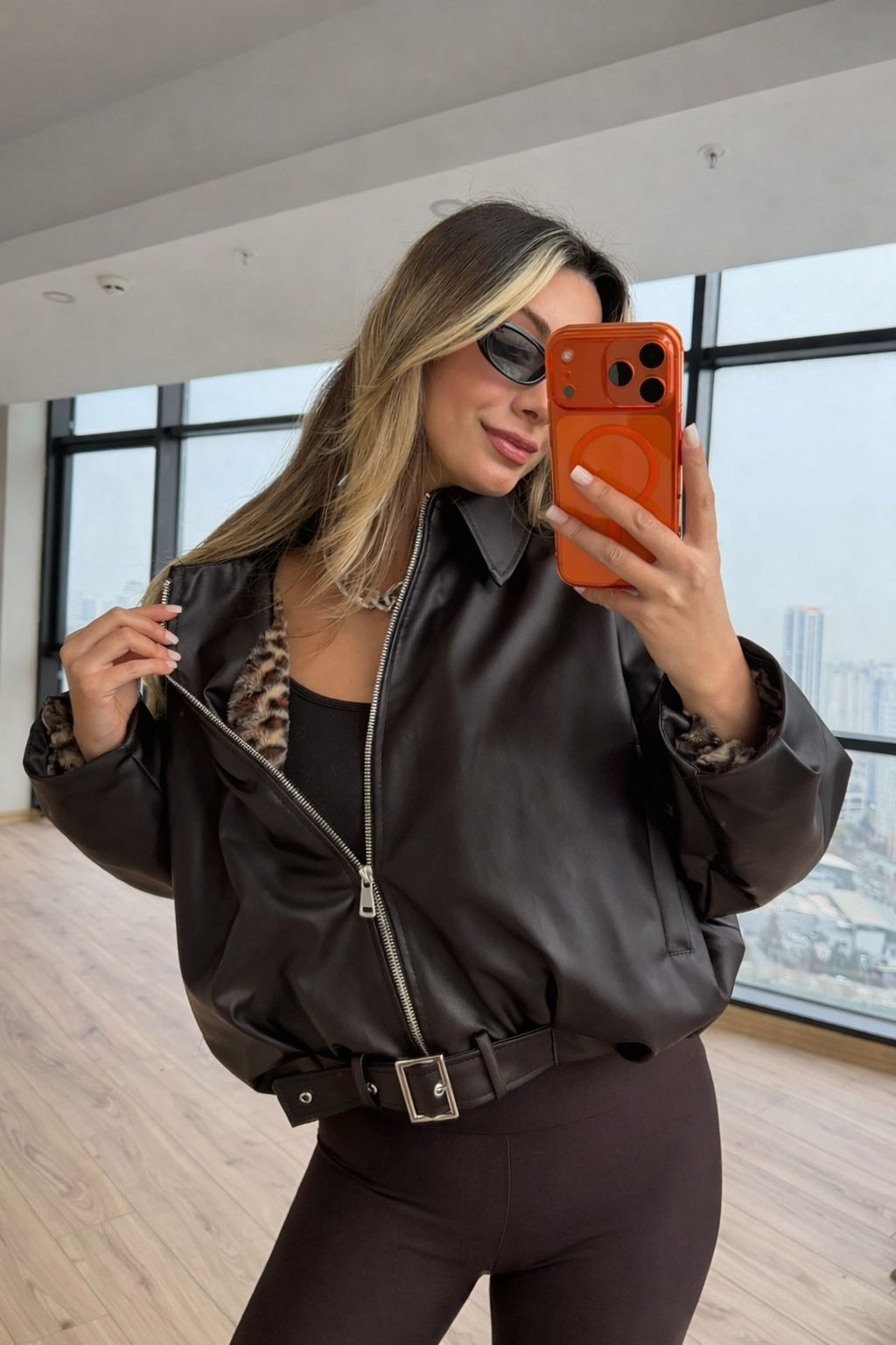 İçi Kürklü Spor Suni Deri Ceket Kahverengi