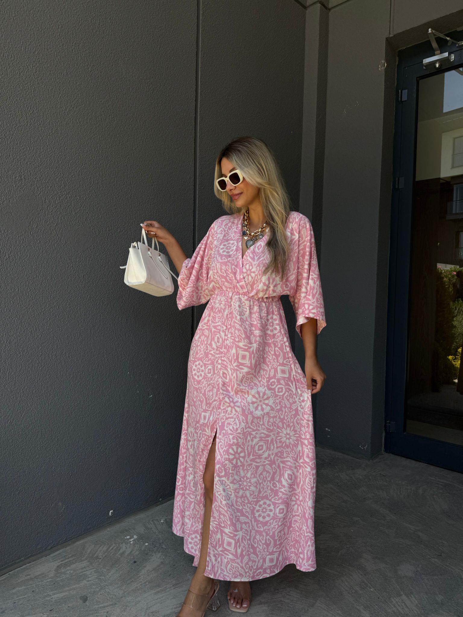 Zenya Orgina Desen Pembe Viskon Elbise