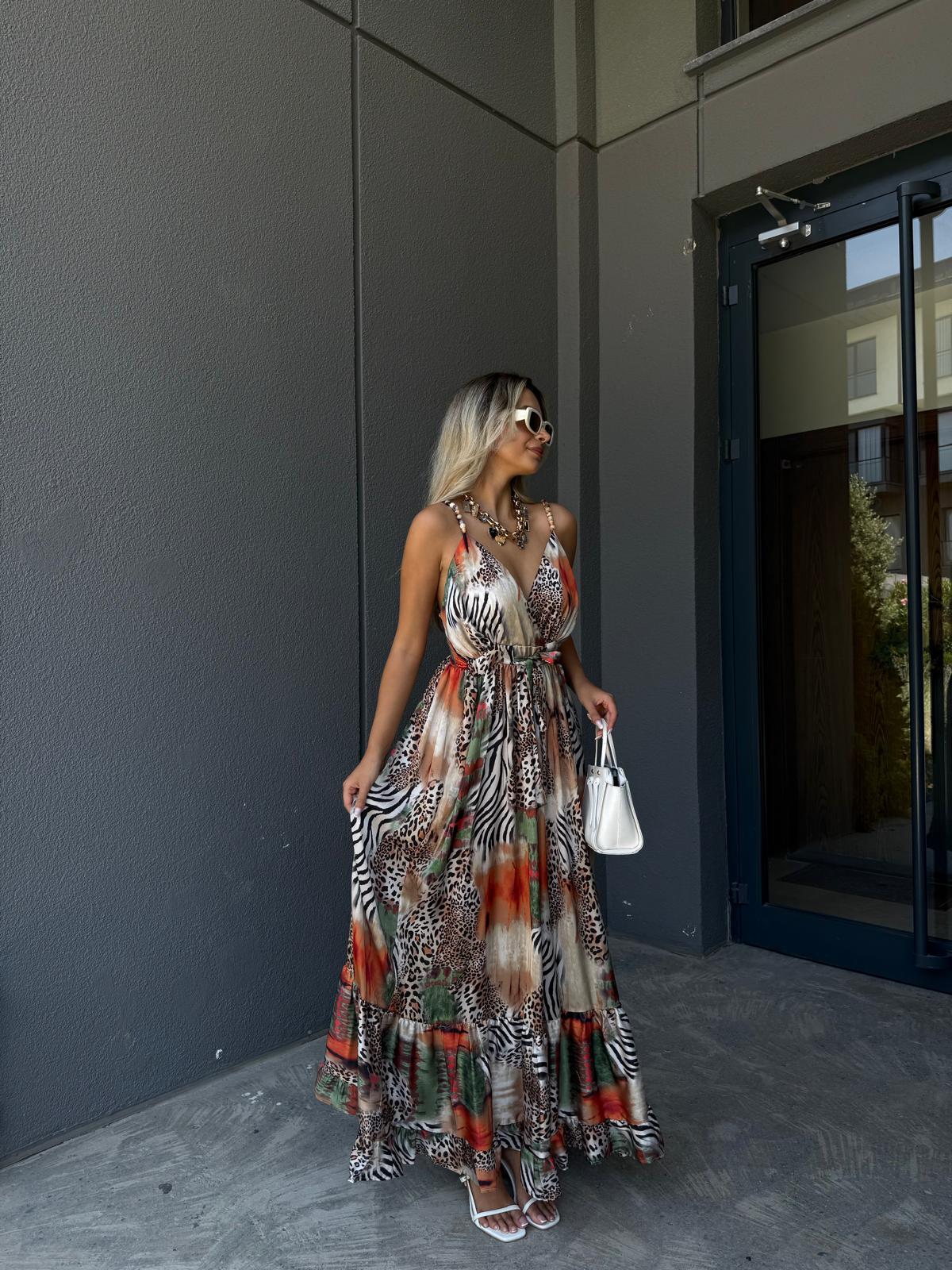 İp Askılı Leopar Desenli Saten Elbise