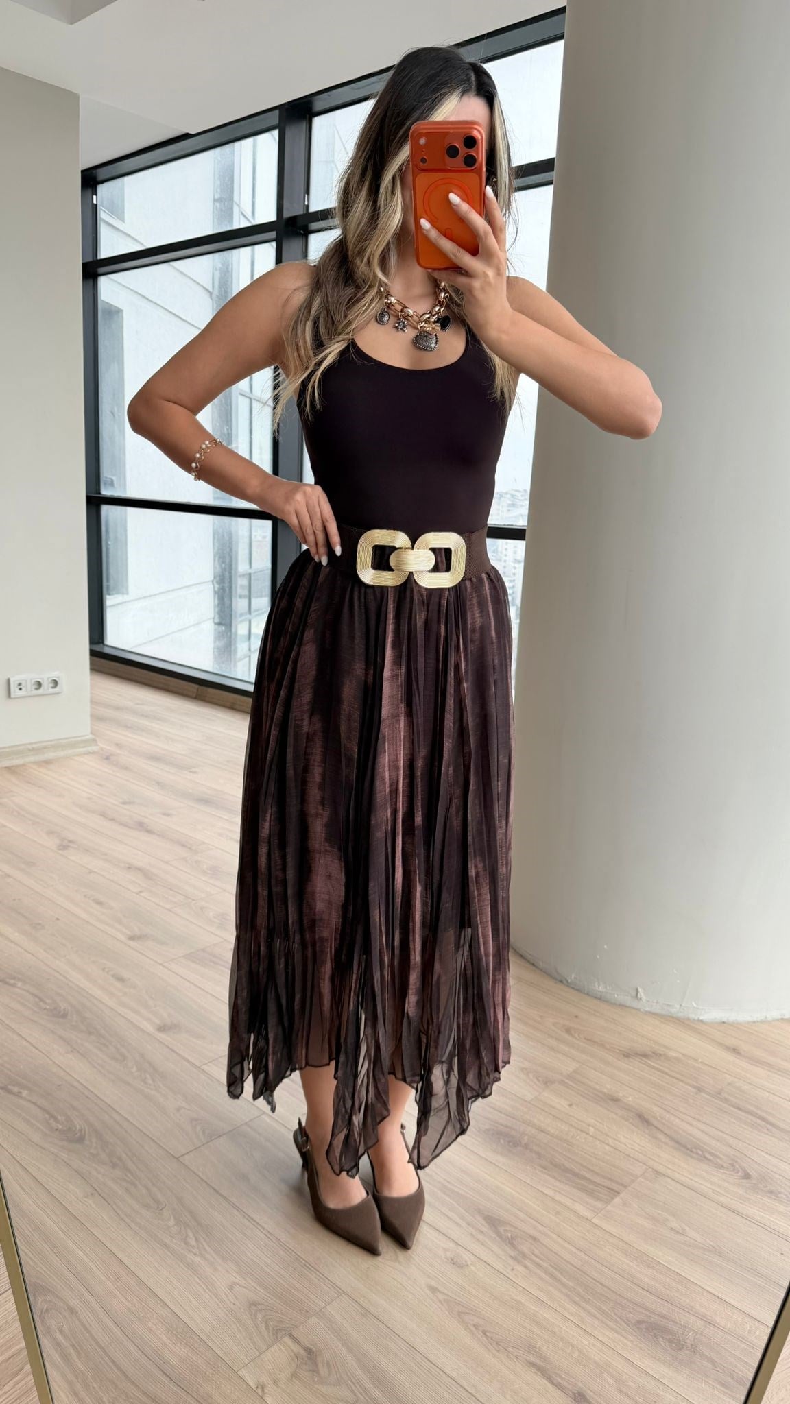 Talis Geçişli Asimetrik Etek Kahverengi