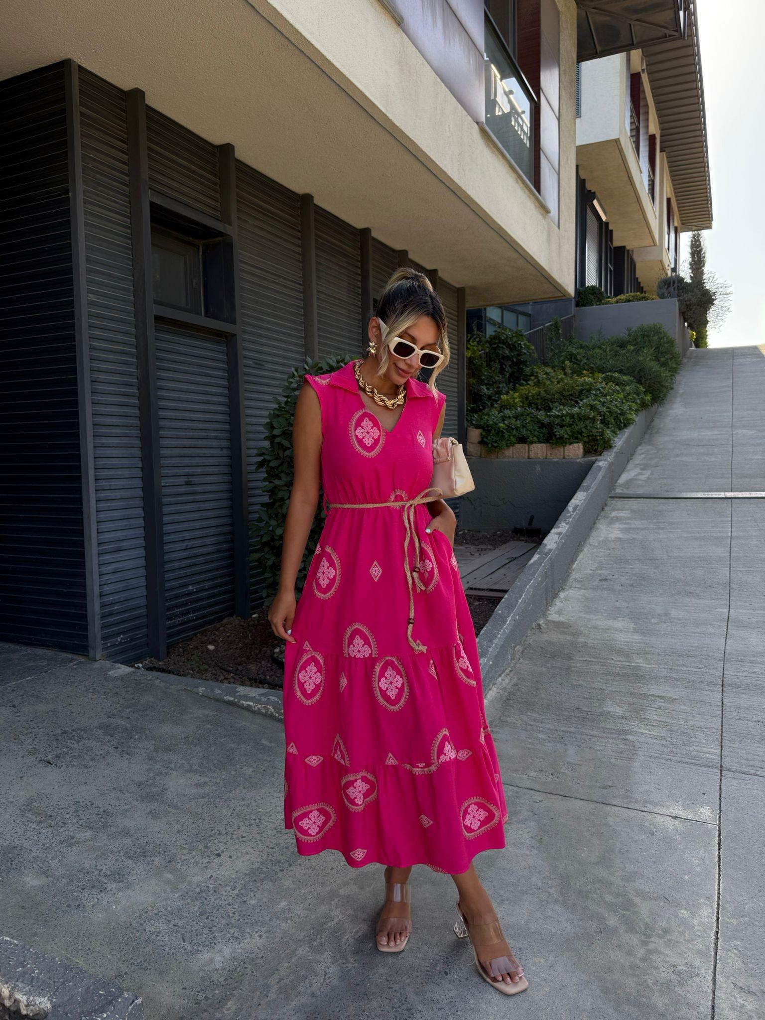 Motif Desen Hasır Kemerli Elbise Fuşya