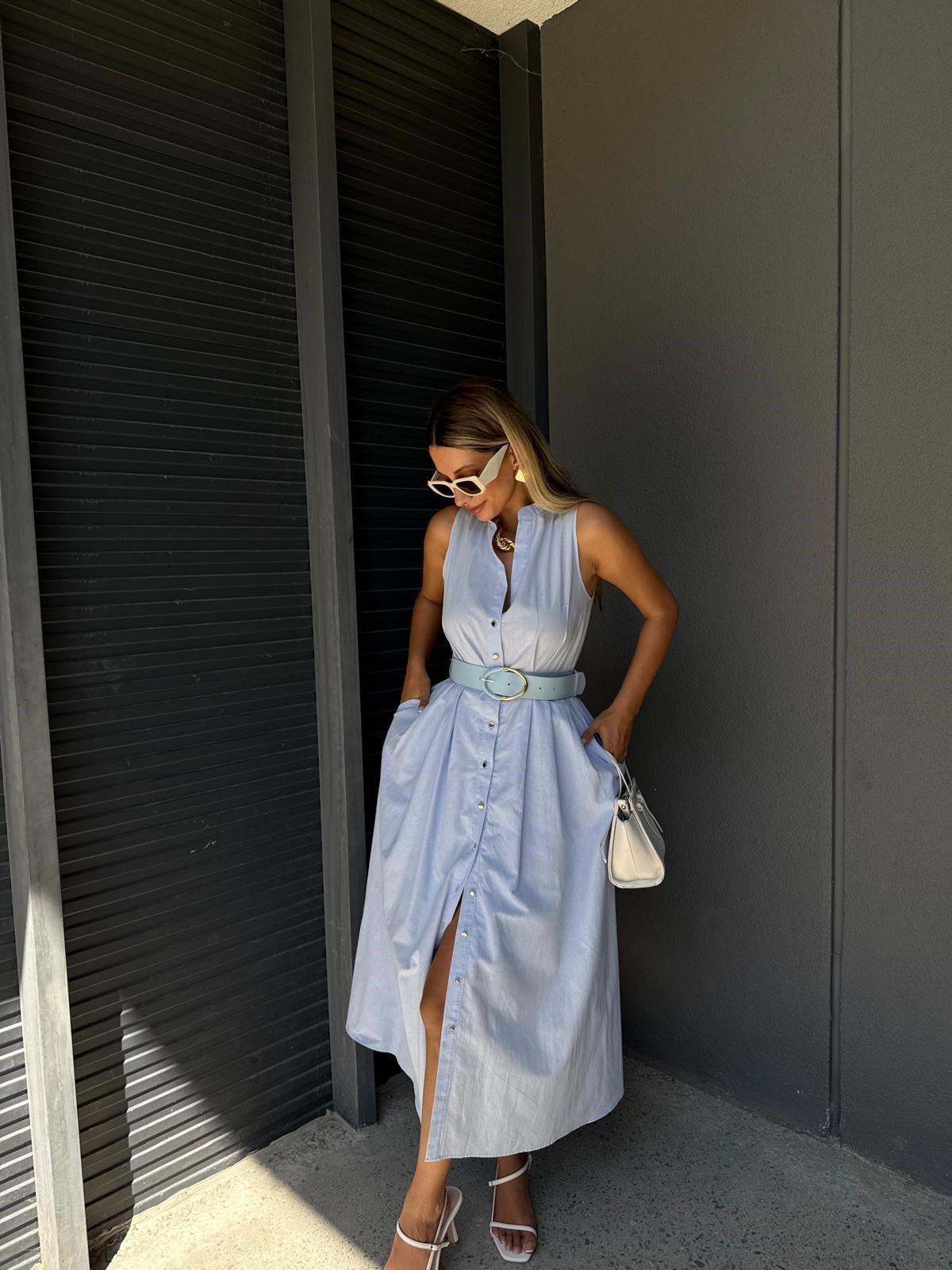 Kemerli Magnolya Mavi Elbise