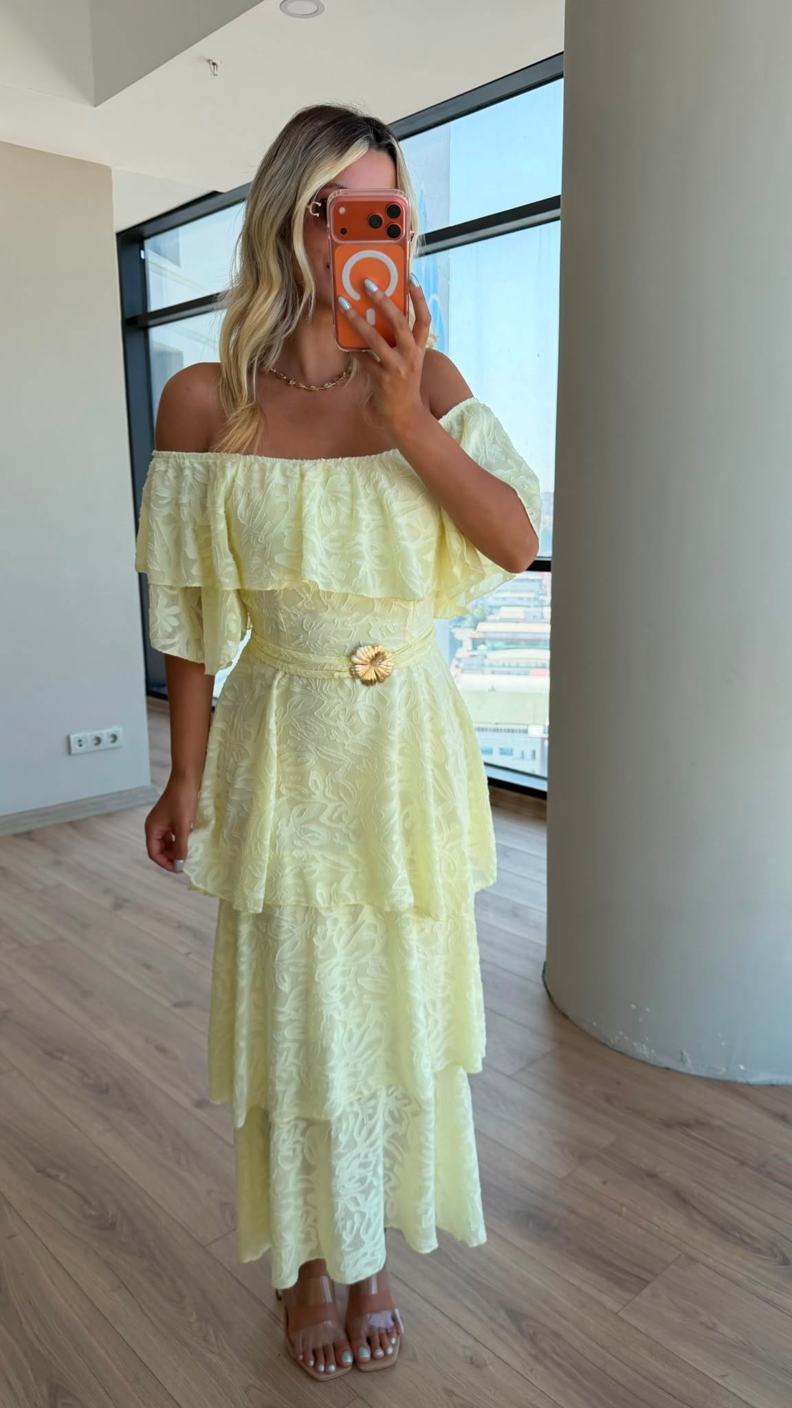 Madonna Katlı Brode Kadın Elbise-Sarı