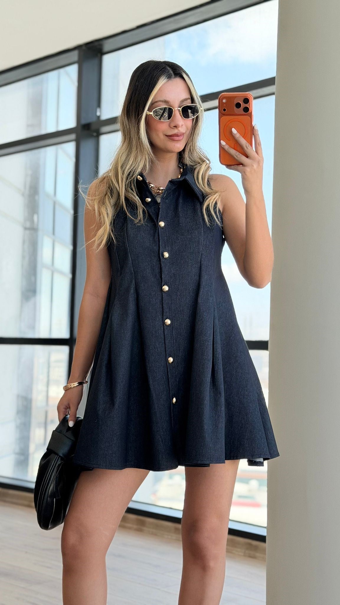 Lacivert  Gold Düğmeli Çan Elbise