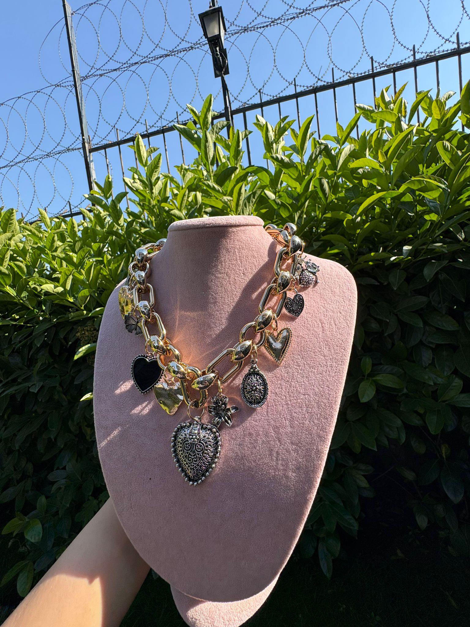 Zra Model İri Charmlı Merintan Kolye Çift Renk 