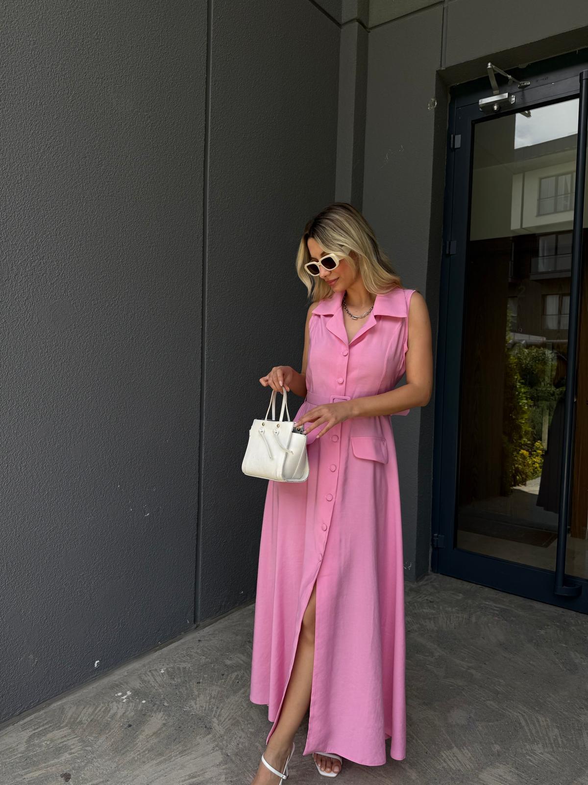 Megan Tensel Kumaş Düğmeli Kemerli Maxi Elbise Pembe