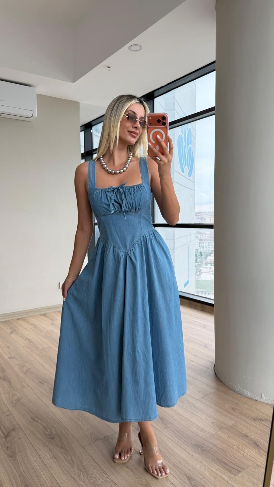 Katerina Göğüs Büzgülü Kot Elbise Açık Mavi