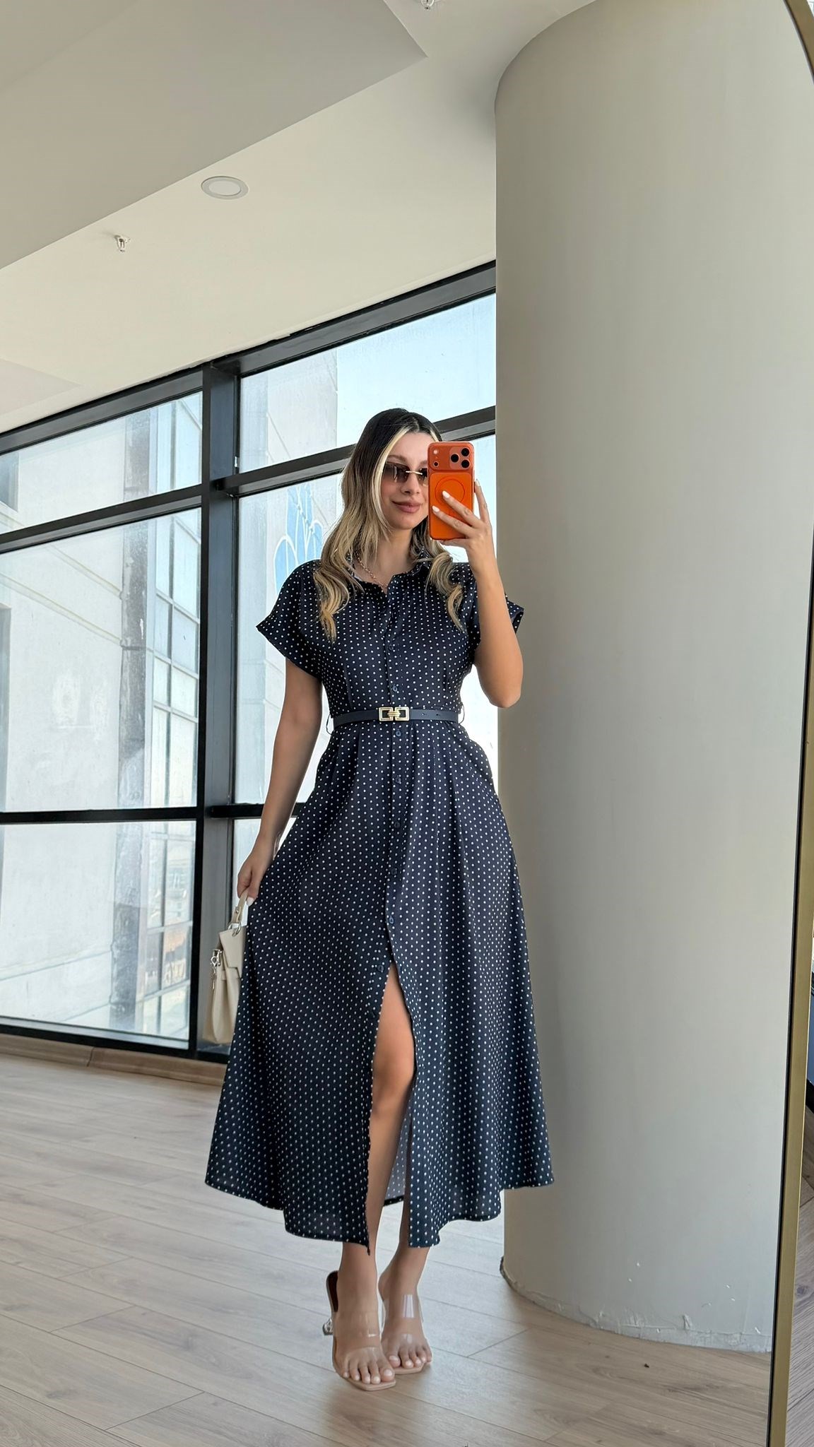 Jimena Puantiyeli Kemerli Gömlek Elbise Lacivert