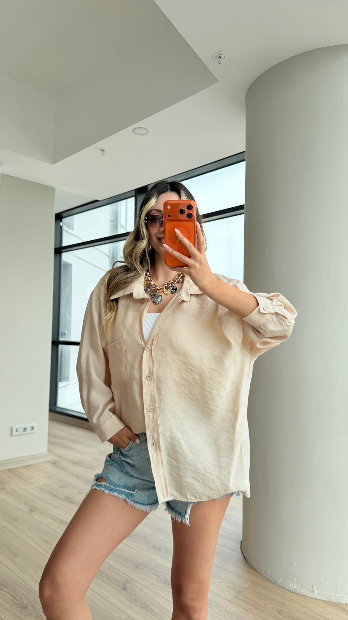 Premium Düşük Omuzlu Oversize Gömlek Krem