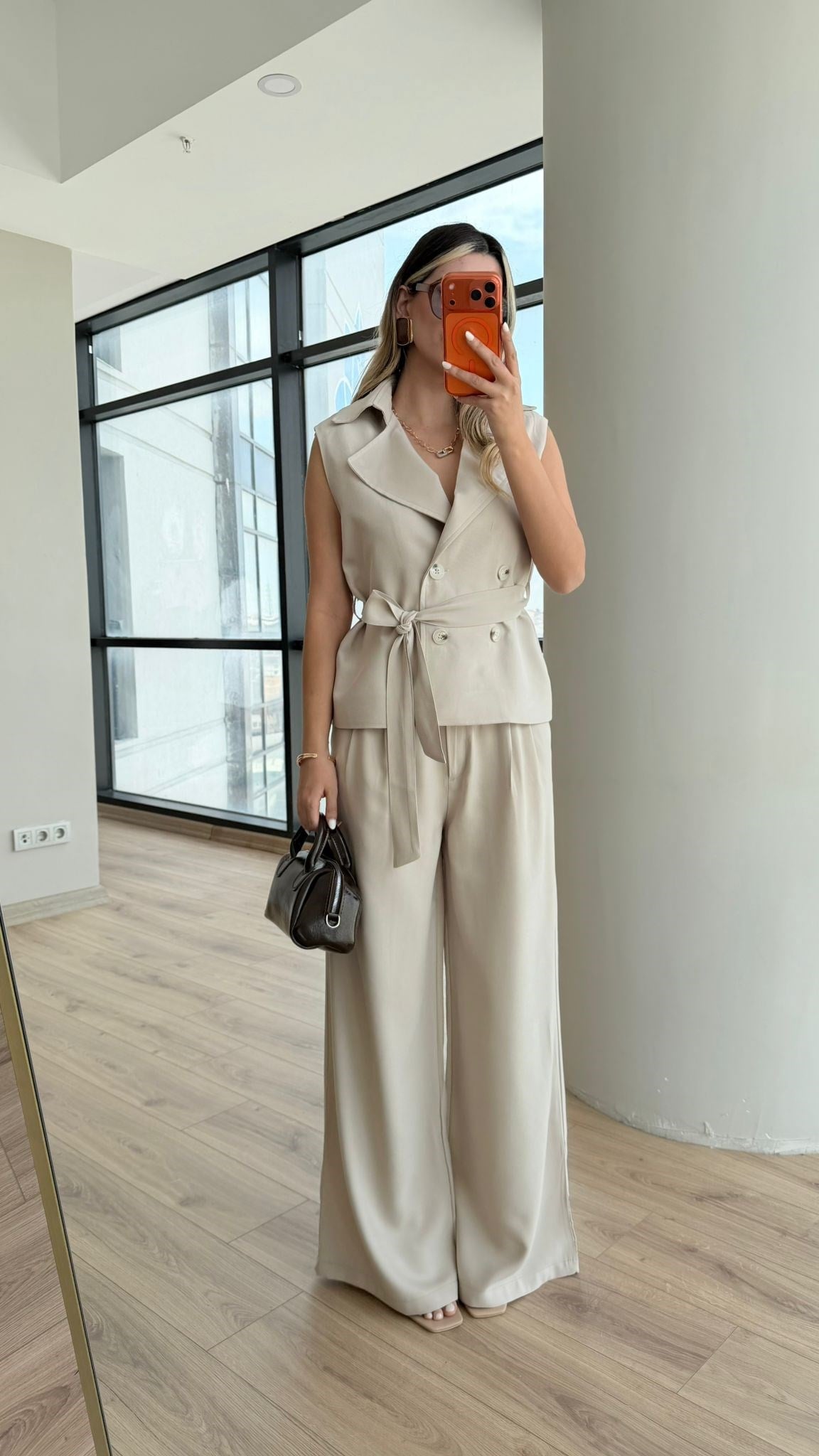 4 Düğme Bel Bağcıklı Viral Takım Krem