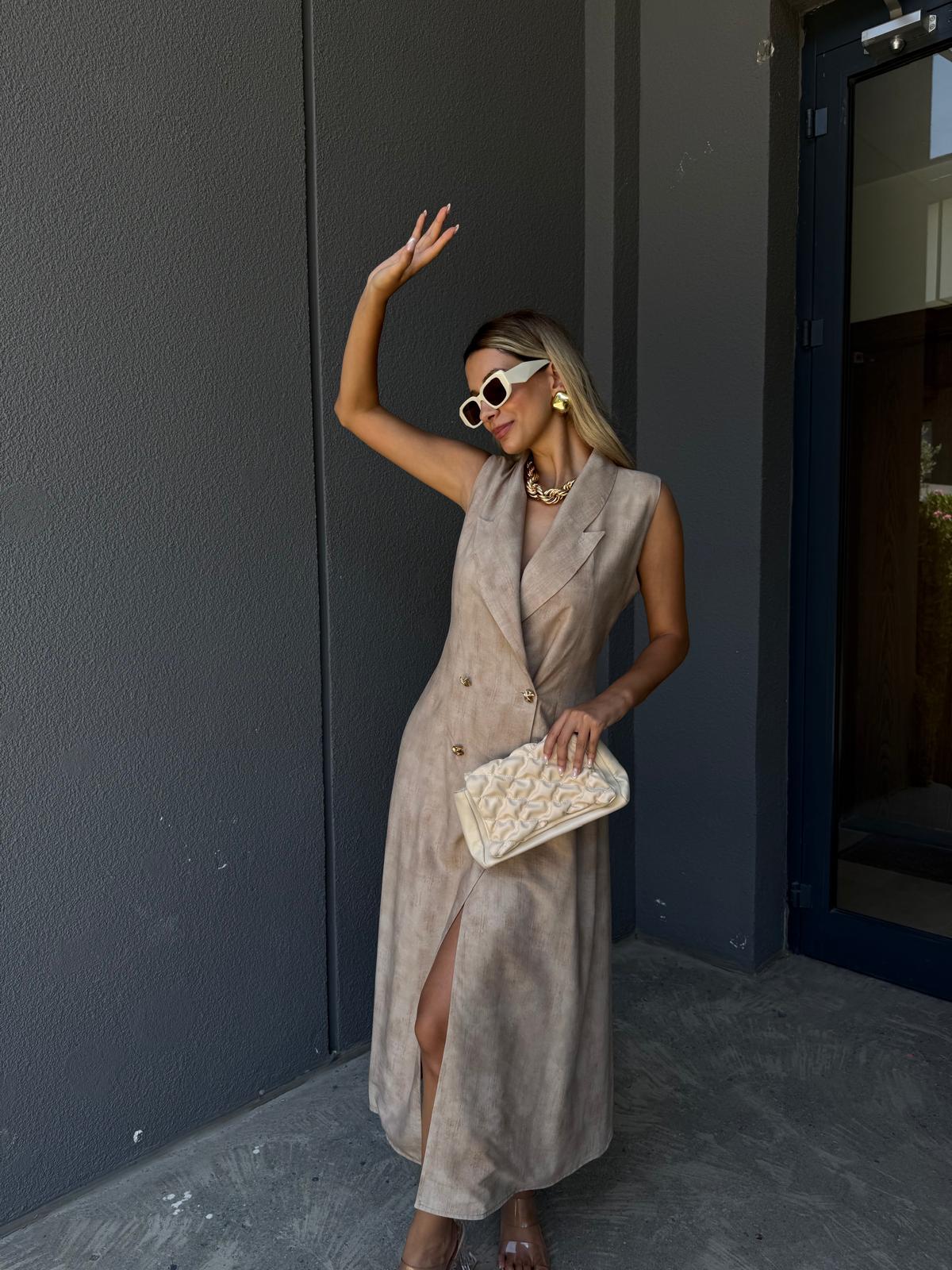 Lavis Gold Düğme Detaylı Uzun Elbise Vizon