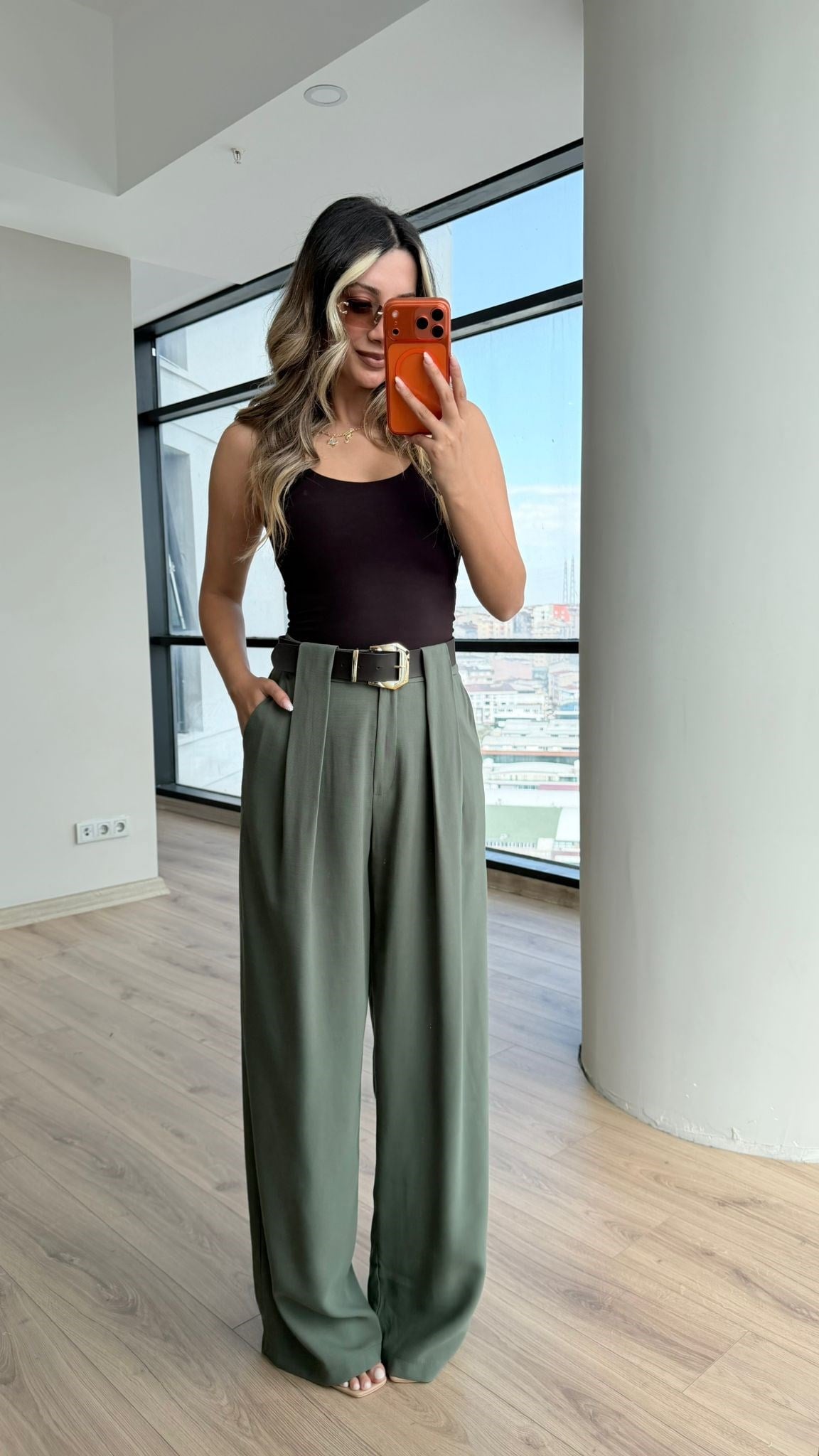 Dona Bel Pilili Haki Kemerli Palazzo Pantolon