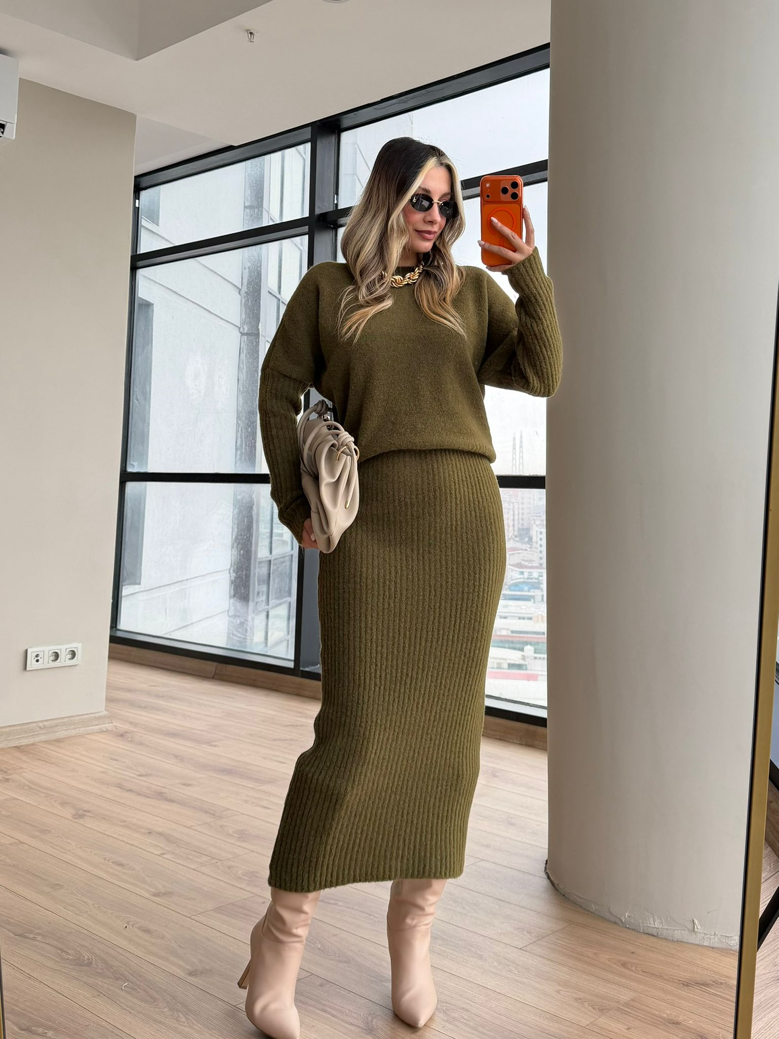 Takım Görünümlü Yumuşak Doku Triko Elbise Yeşil