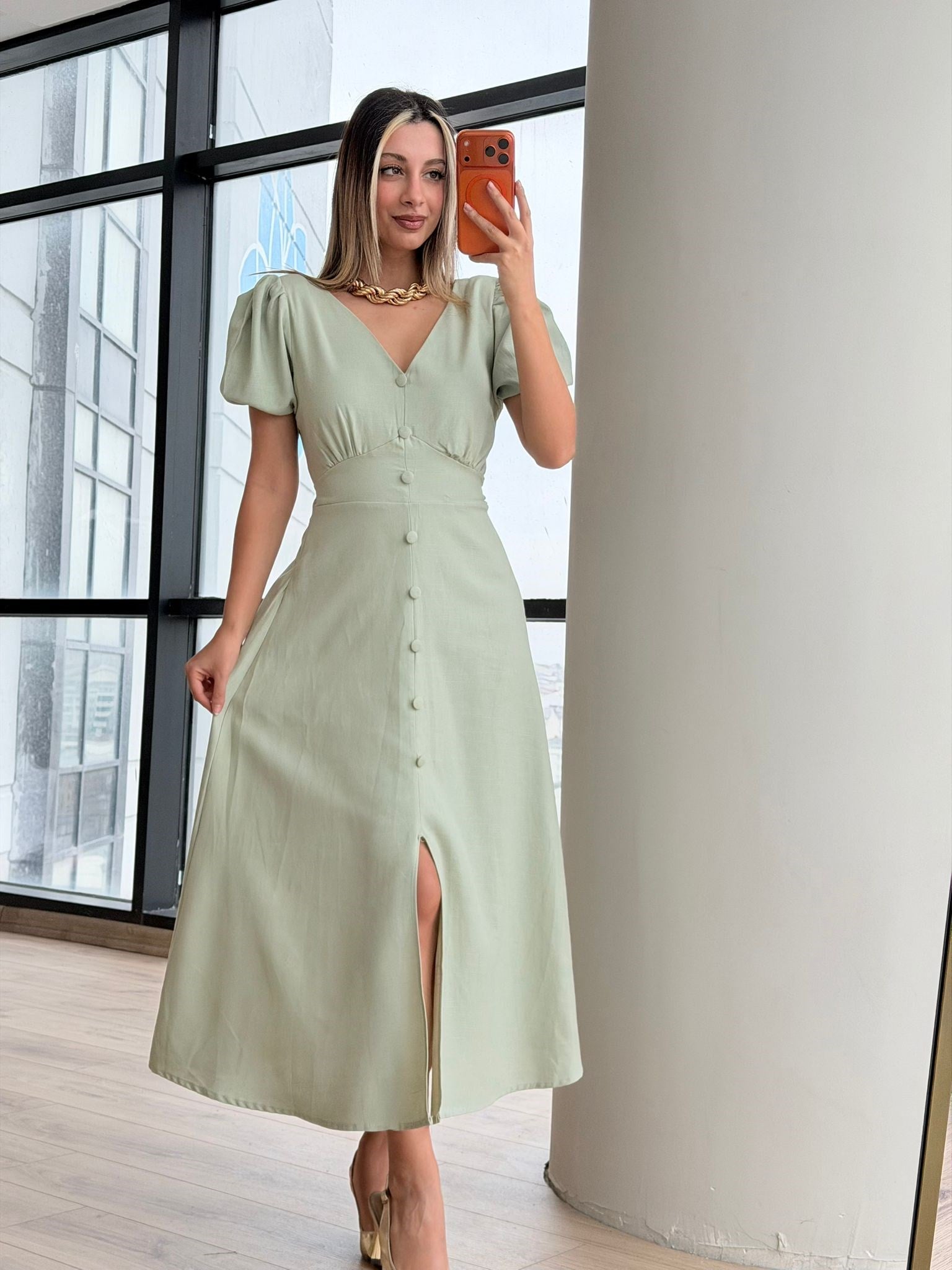 Diana Keten Elbise Adaçayı Yeşili