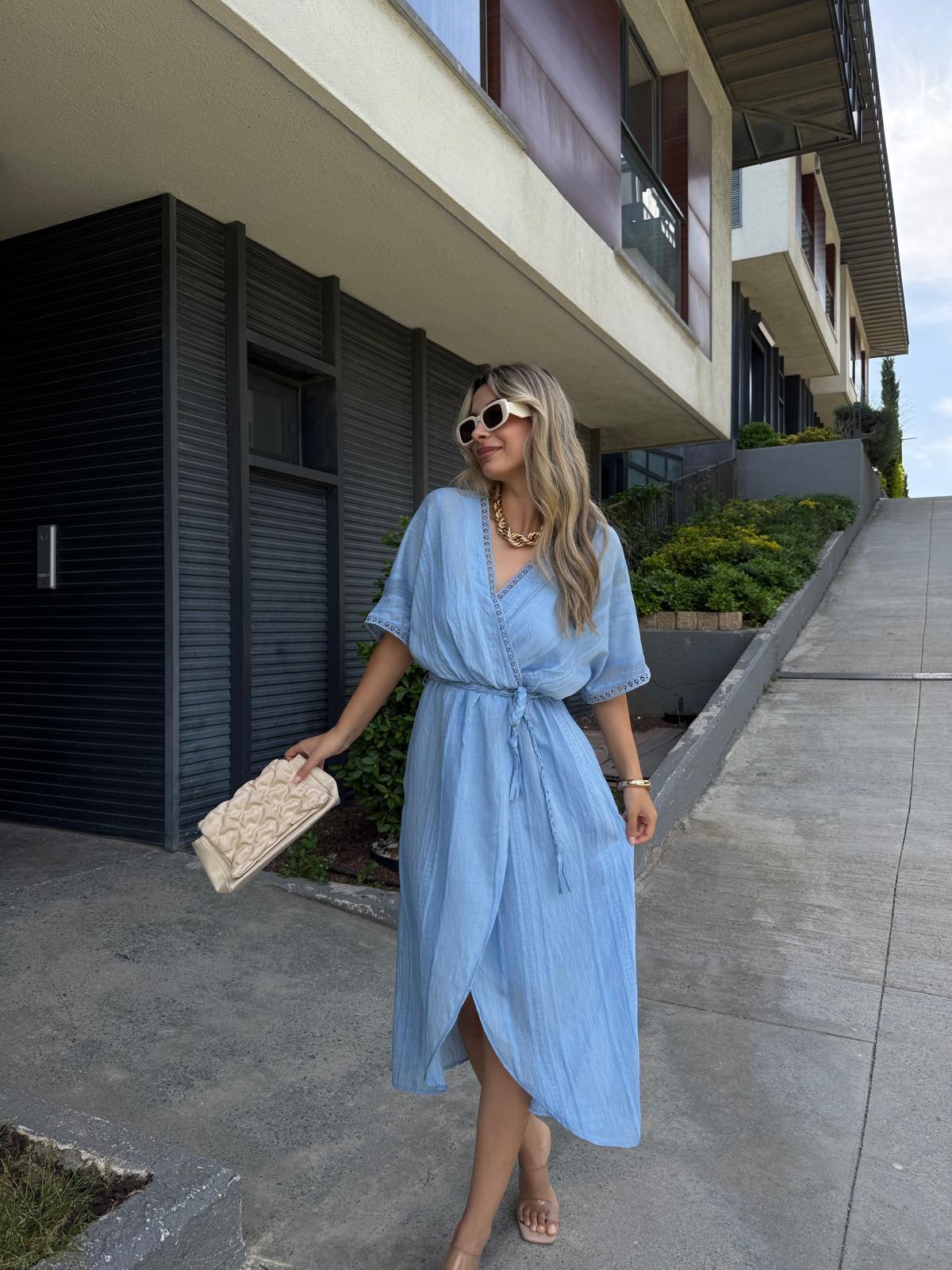 Hasır Kemerli Bohem  Elbise Mavi