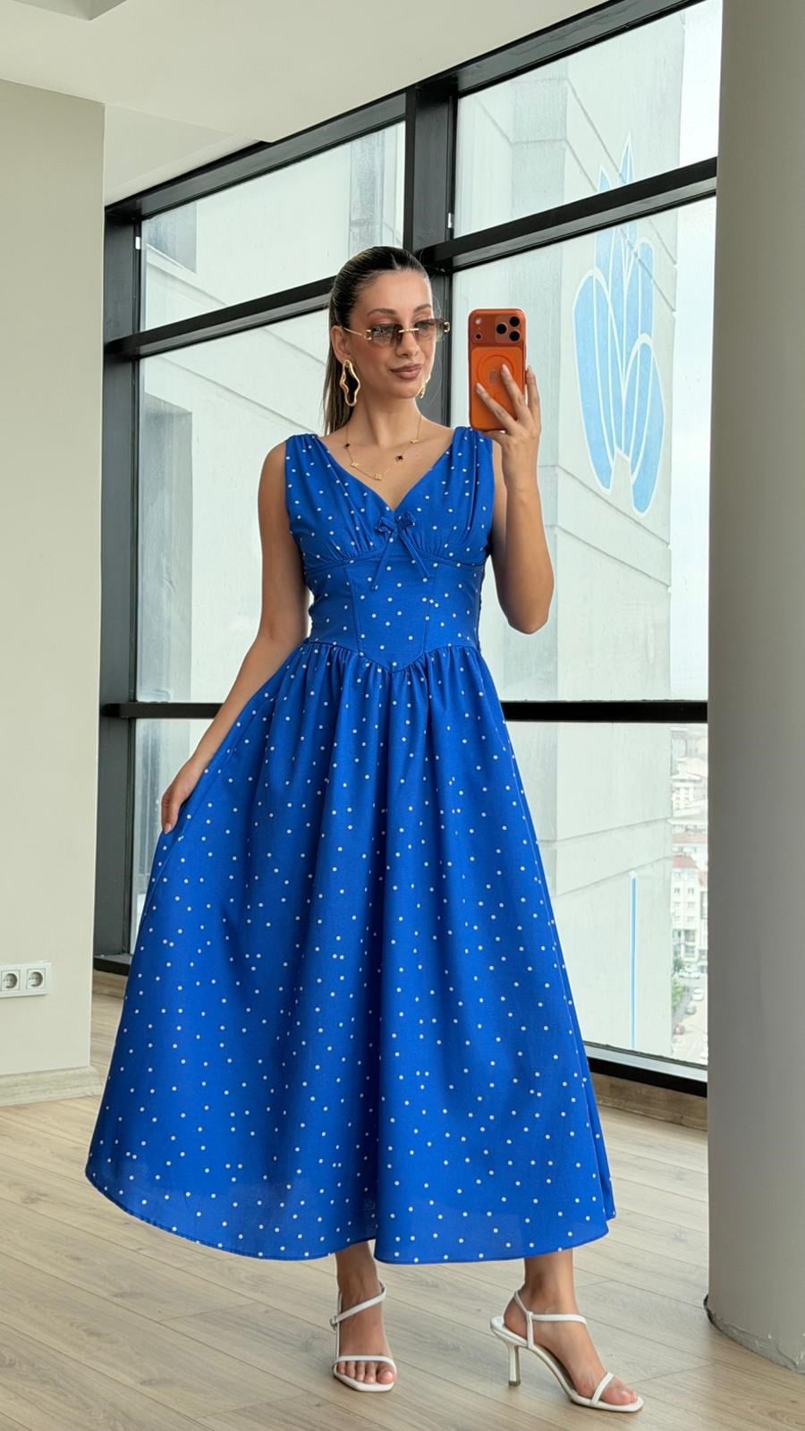 Polka Puantiye Saks Elbise