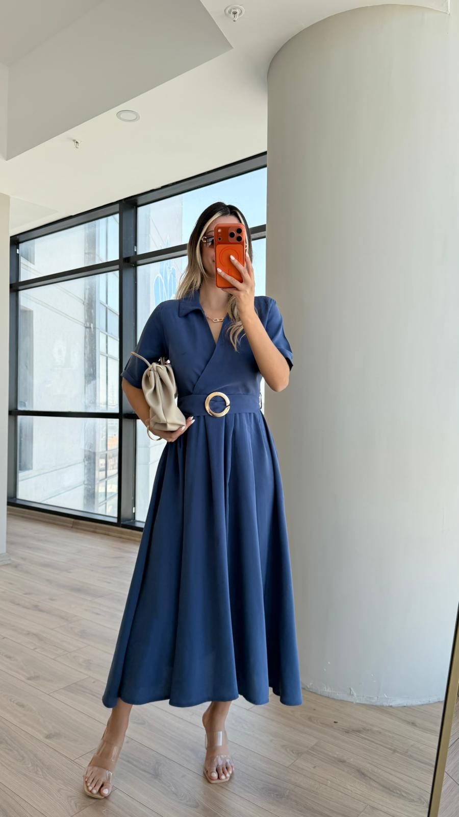 Daire Toka Cepli Mavi Elbise 