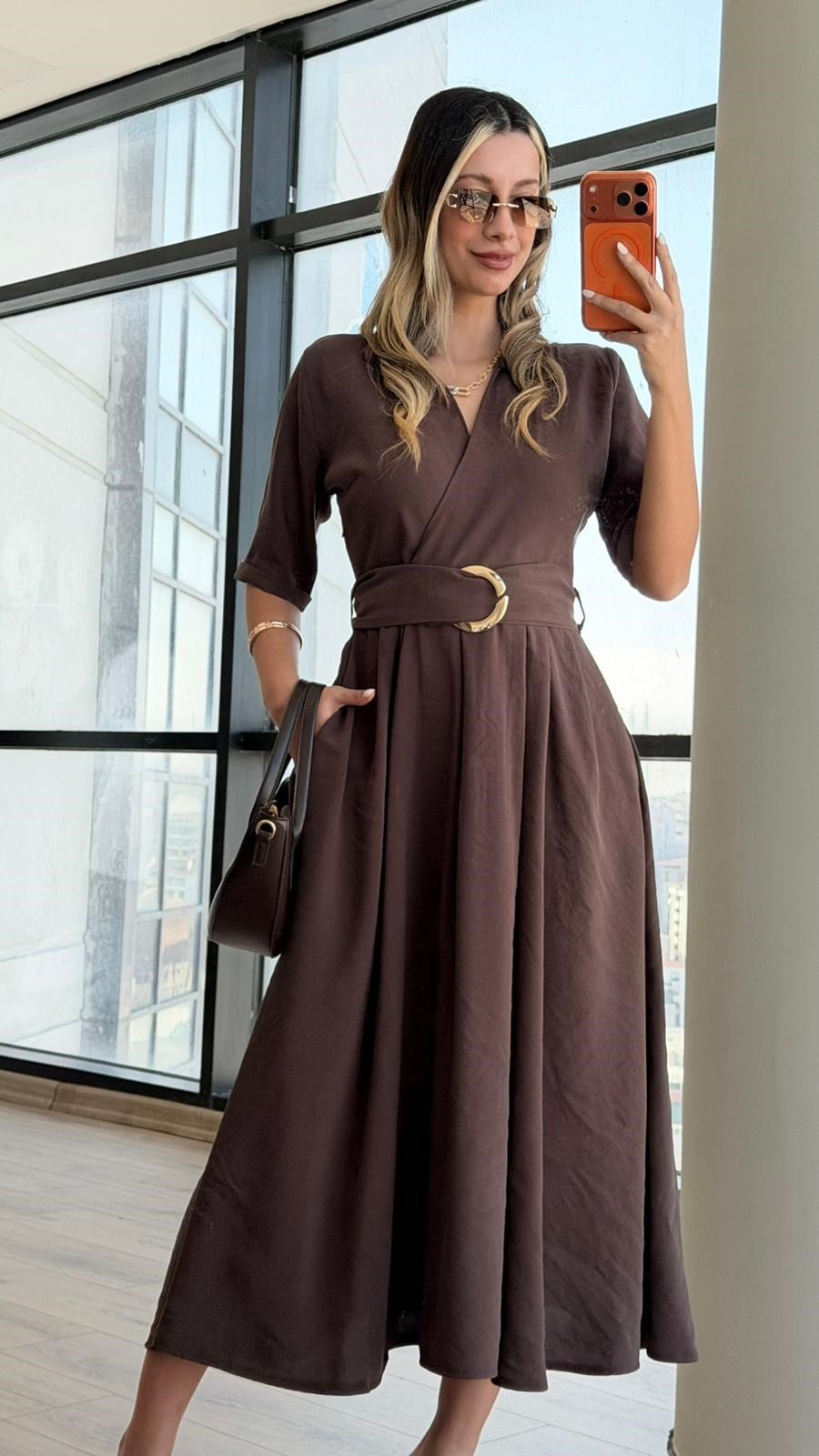 Daire Toka Cepli Kahverengi Elbise 