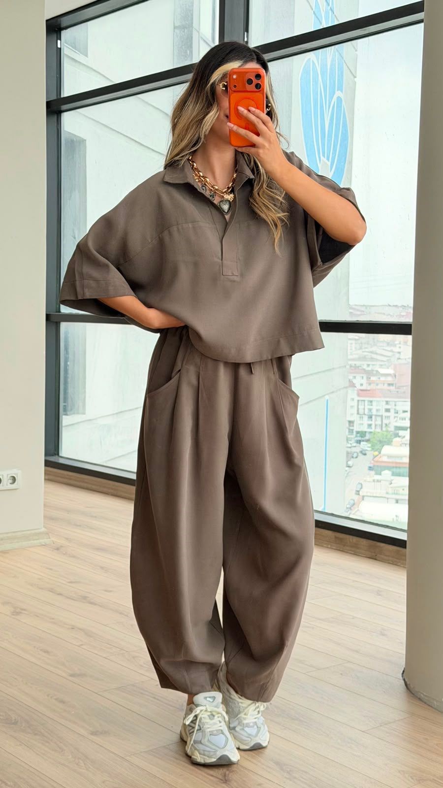 Oversize Gömlek&Şalvar Pantolon İkili Takım Vizon