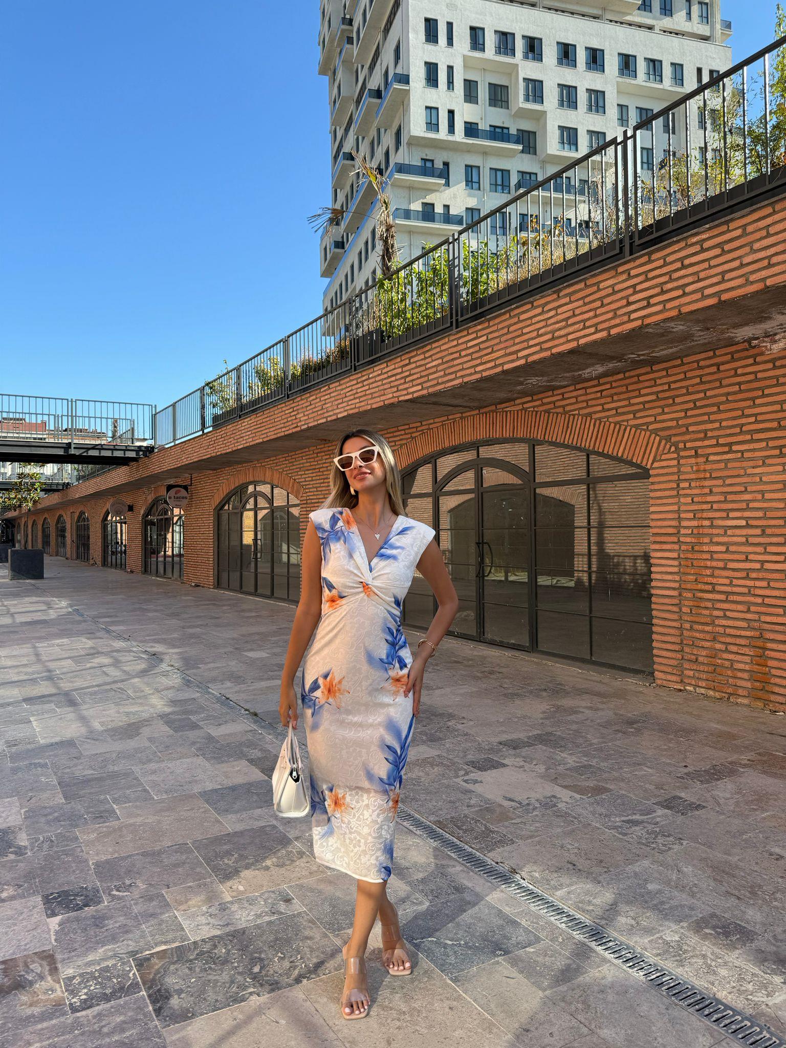 Anika Mavi Yapraklı Astarlı Kalem Elbise 070621102