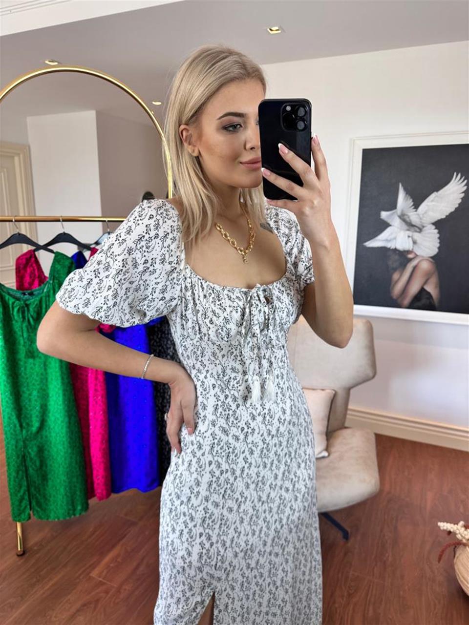 Arora Göğüs Bağcıklı Viskon Elbise Beyaz 2904161