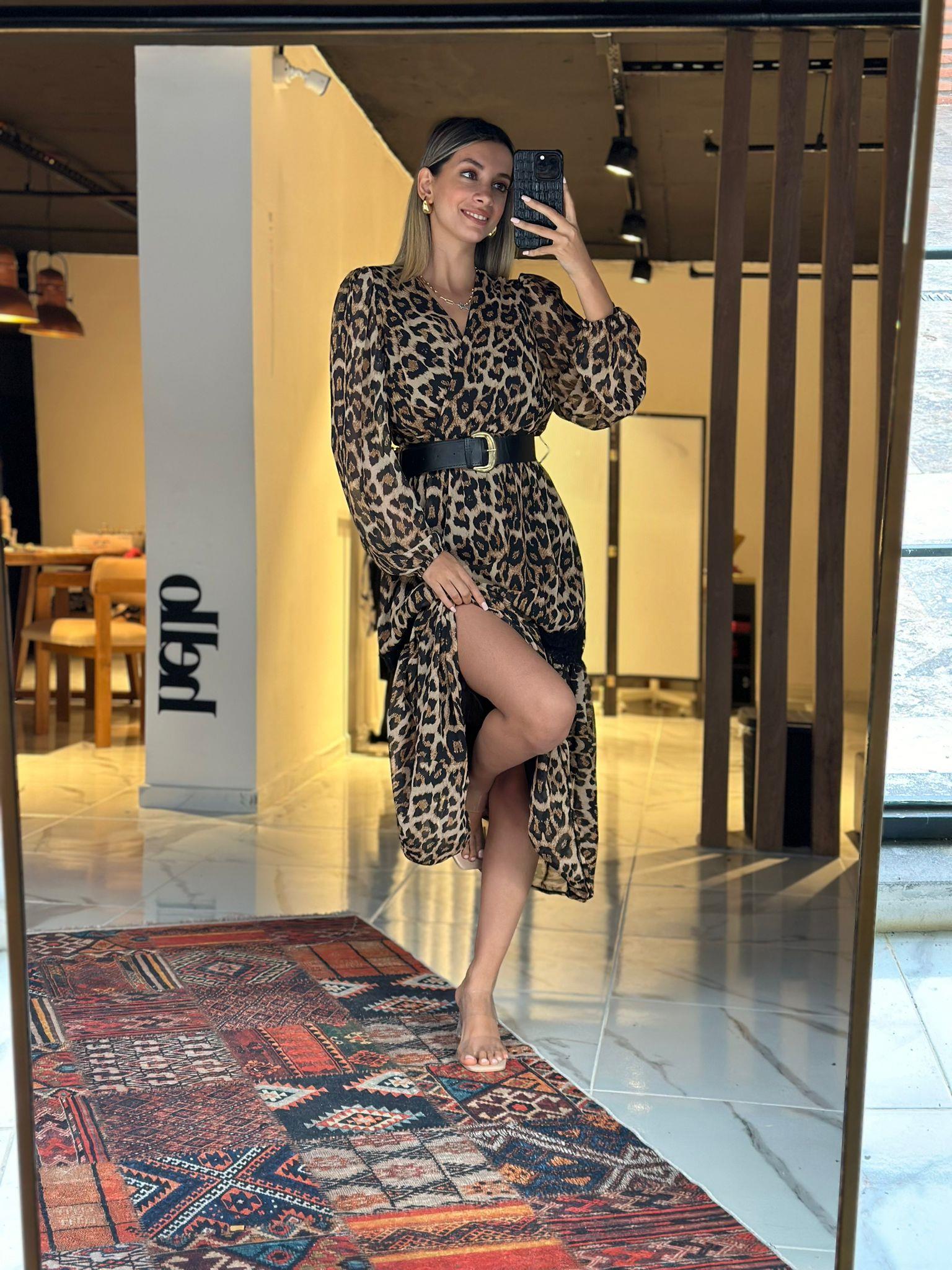 Astarlı Leopar Desen Dantel Detay Kemerli Elbise 1707400