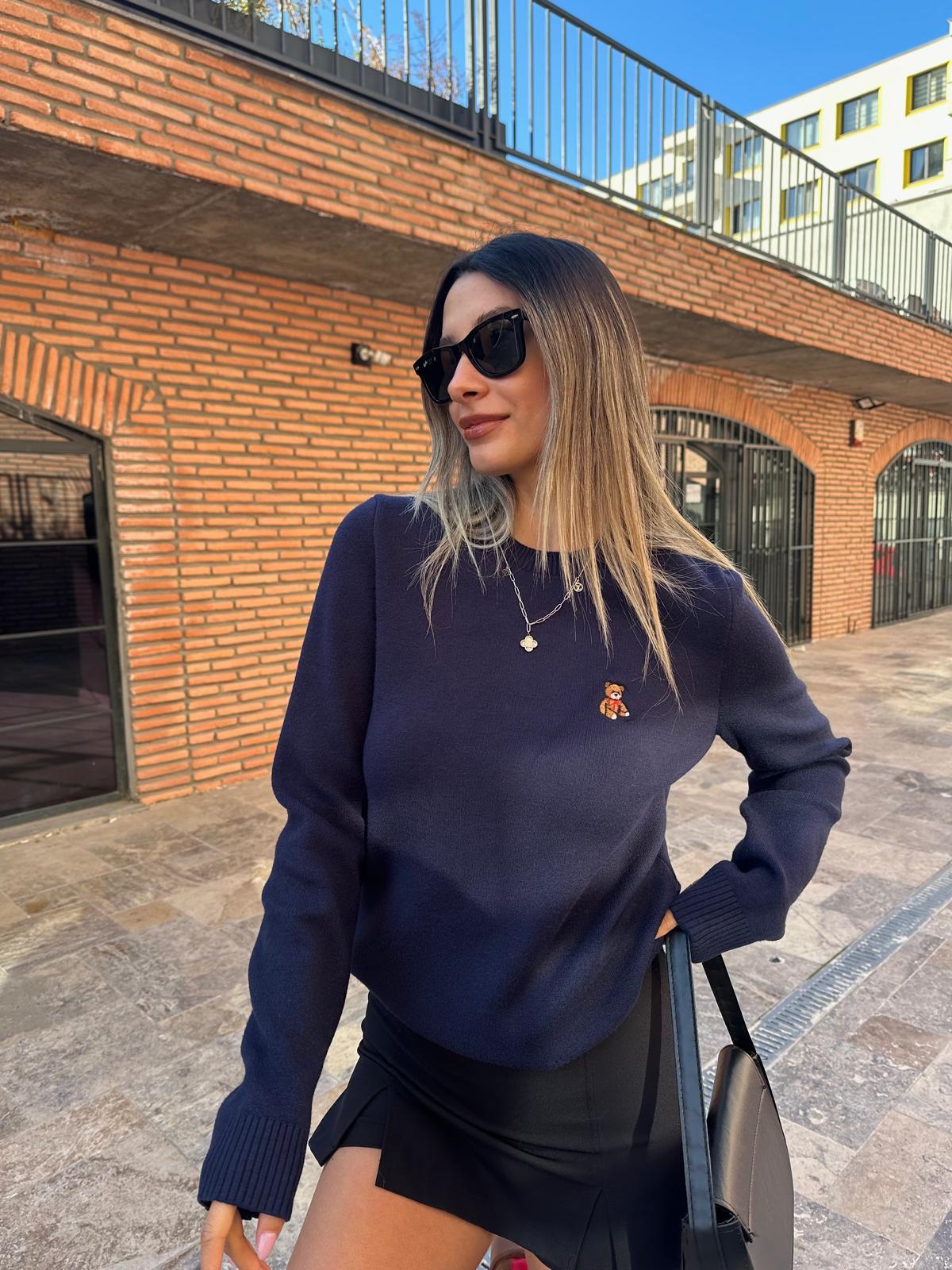 Ayıcık Nakışlı Triko Kazak Lacivert kzk2024styq