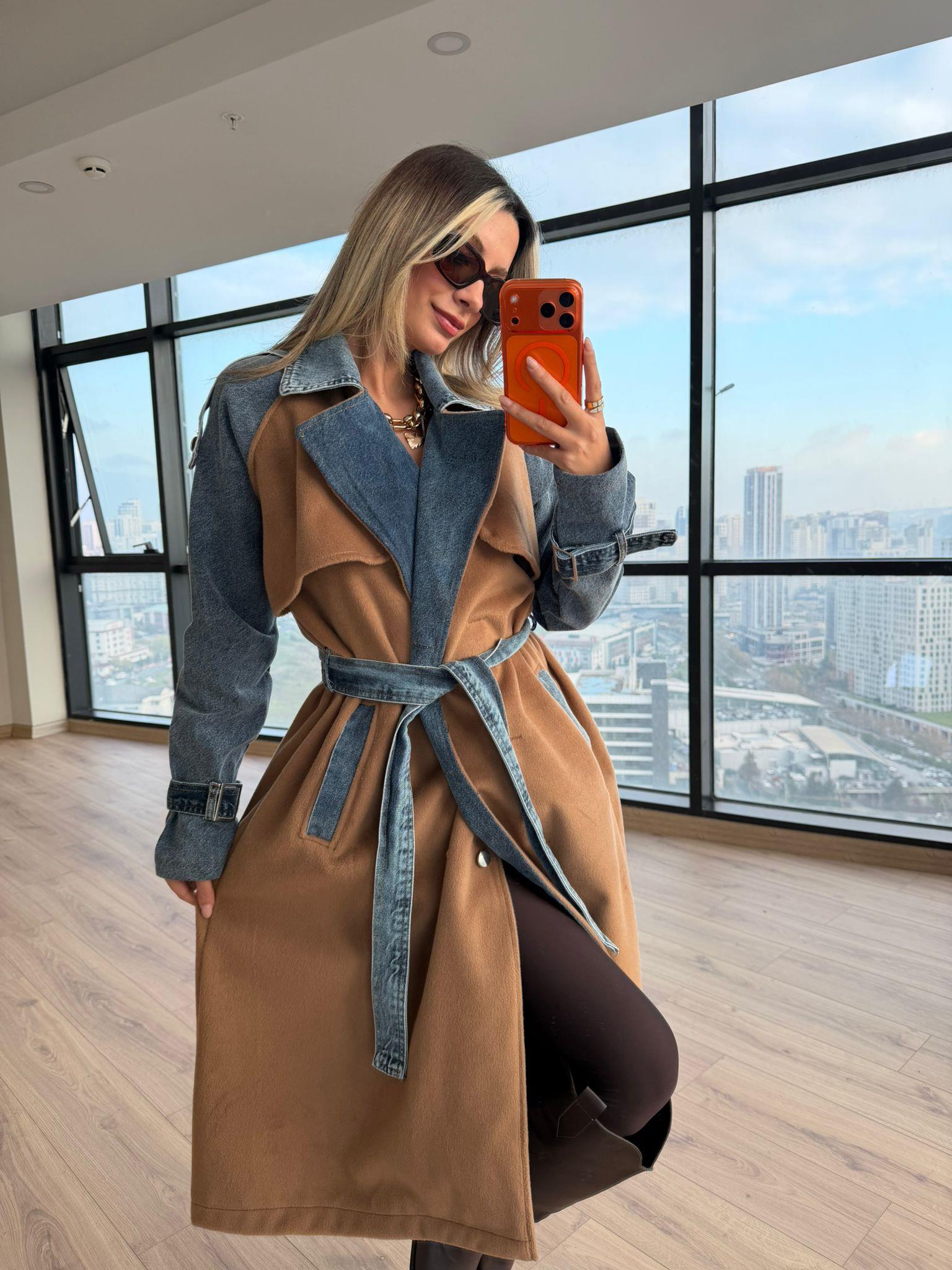 Kolları Kot Detay Kuşaklı Tasarım Kaşe Kaban