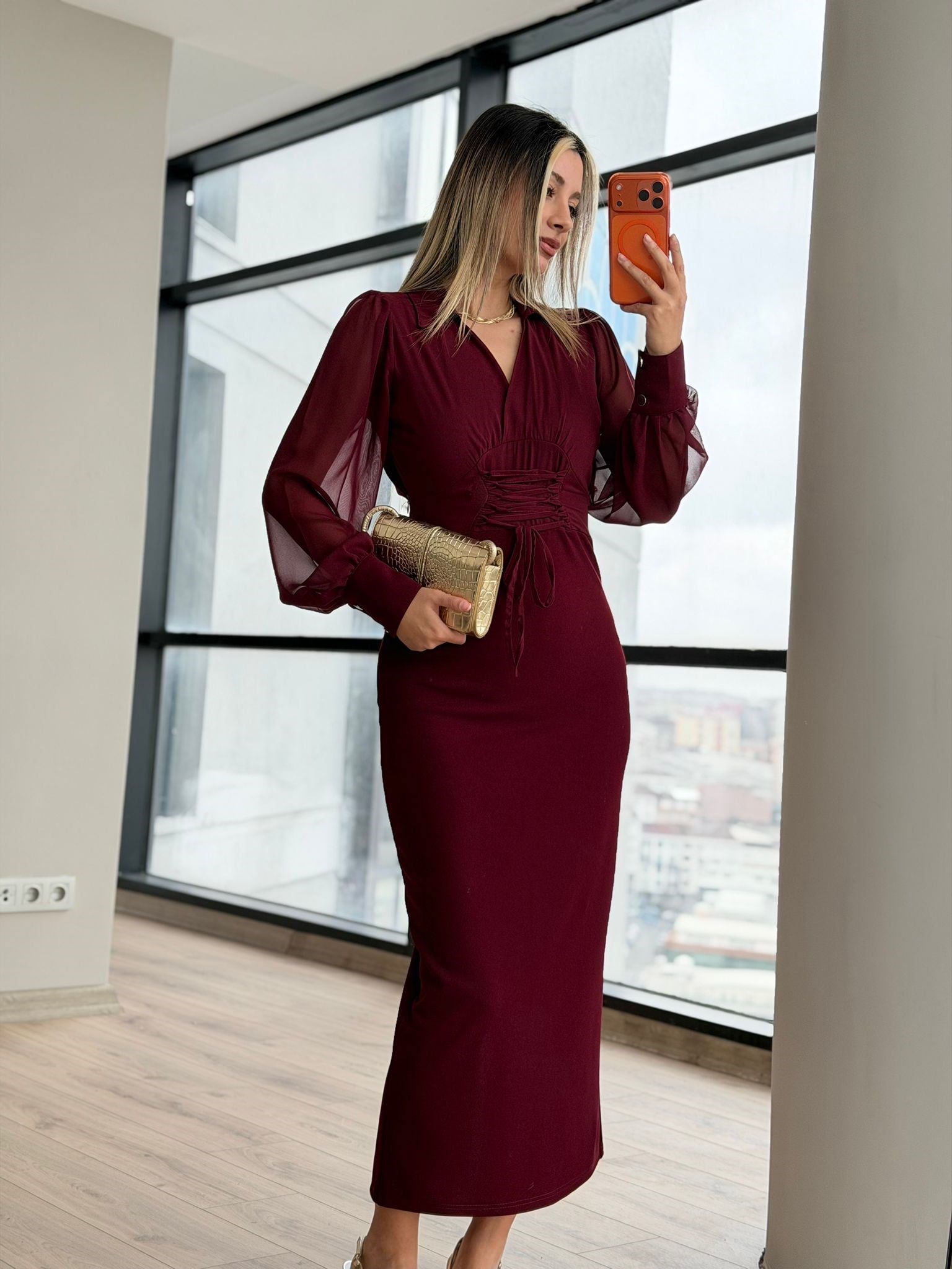 Bel Detay Kolları Şifon Kalem Elbise Bordo