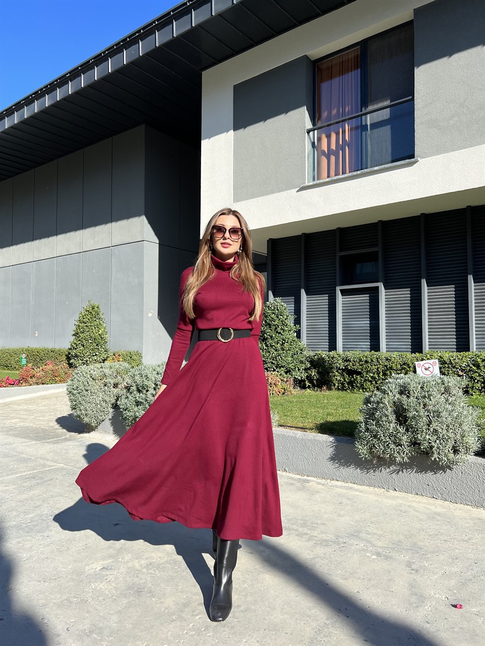 Balıkçı Yaka Bordo Triko Elbise