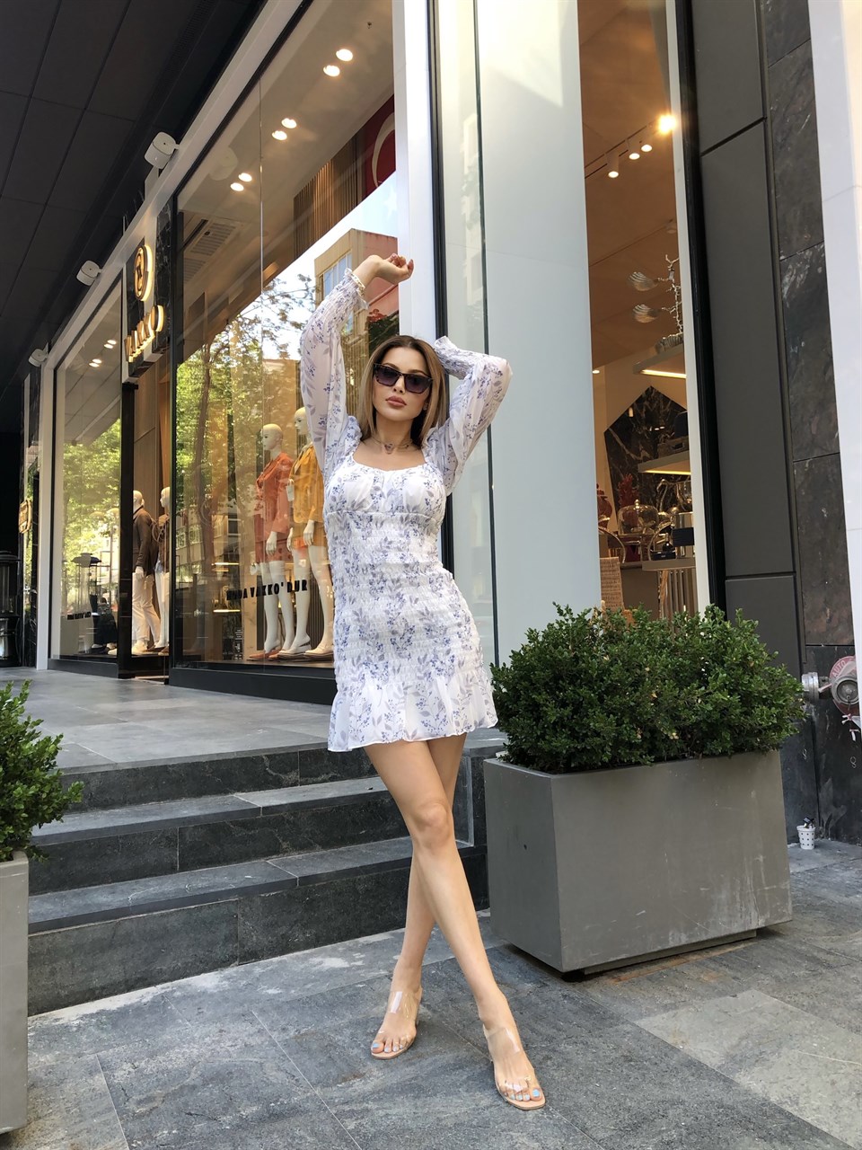 Balon Kol Çiçek Desen Elbise