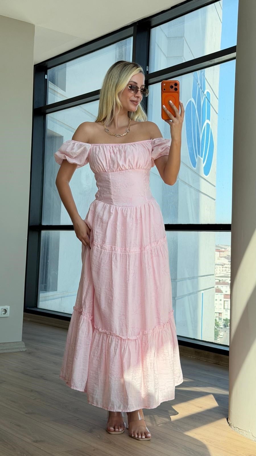 İthal Mum Baskılı Çiçek Desen Elbise Pembe