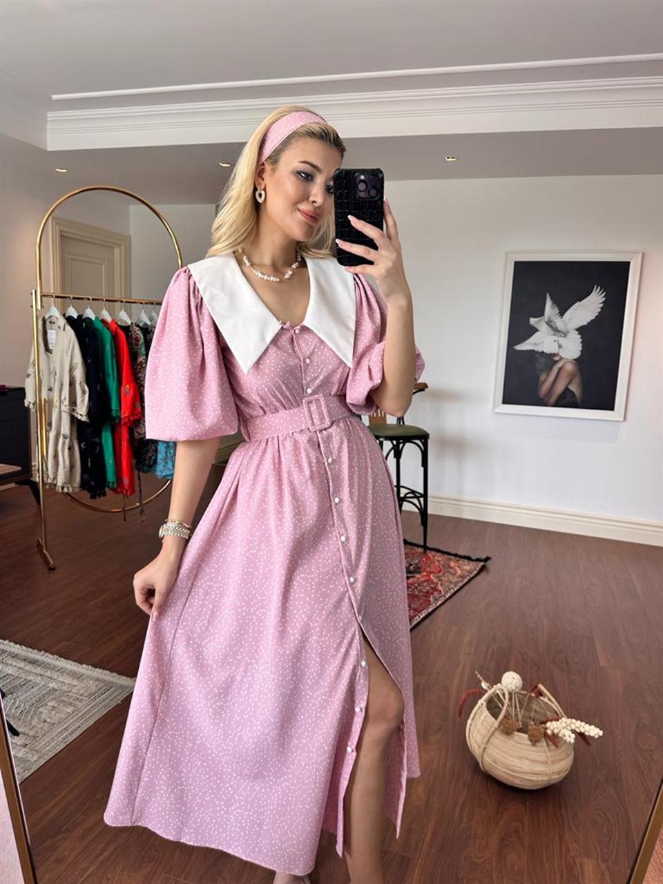 Bebe Yaka Balon Kol Puantiyeli Pembe Elbise 2005234