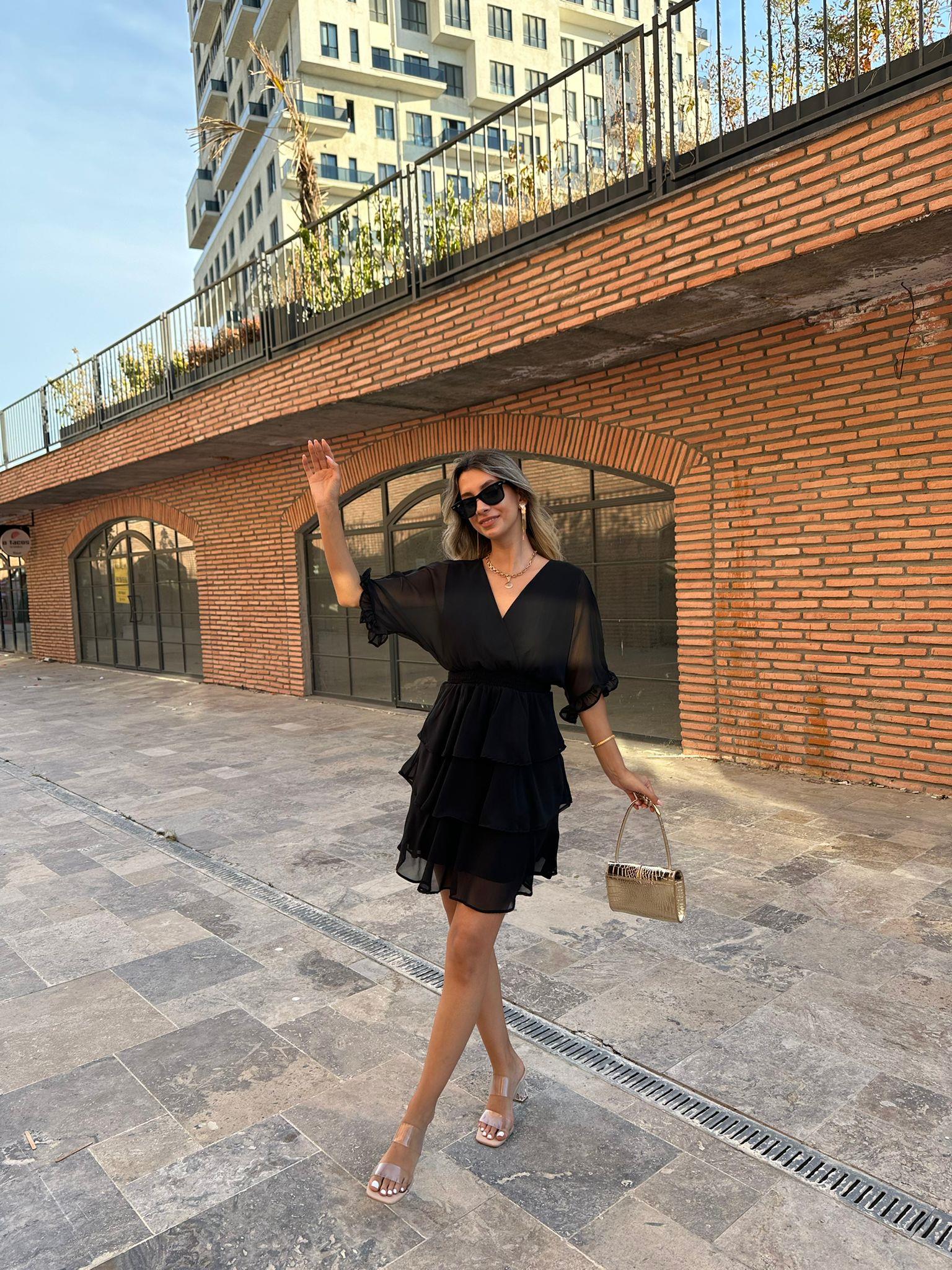 Bel Lastikli Kat Kat Şifon Elbise Siyah 070621111