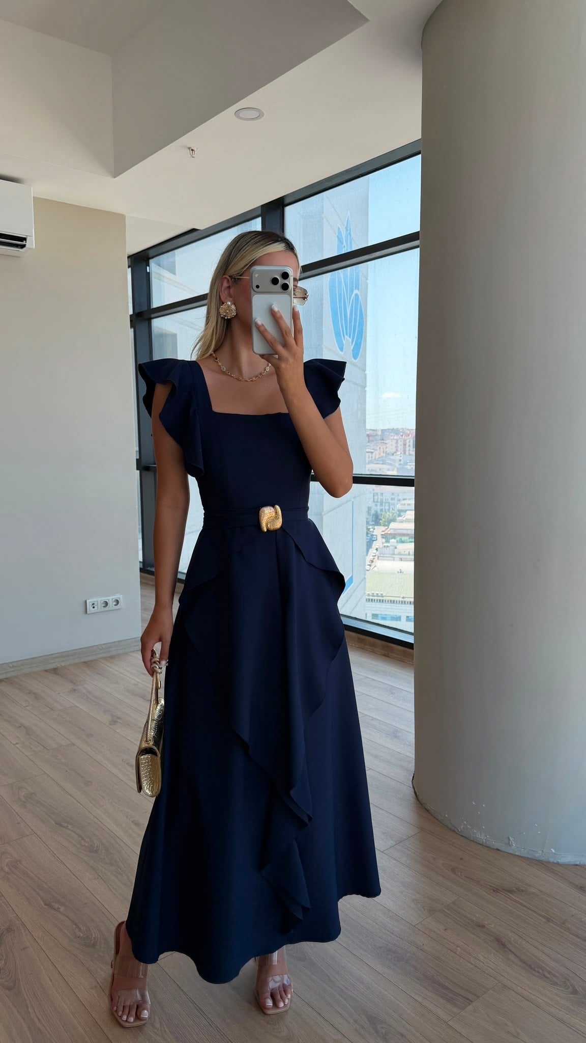 Fırfır Kol Samina Tokalı Elbise Lacivert 
