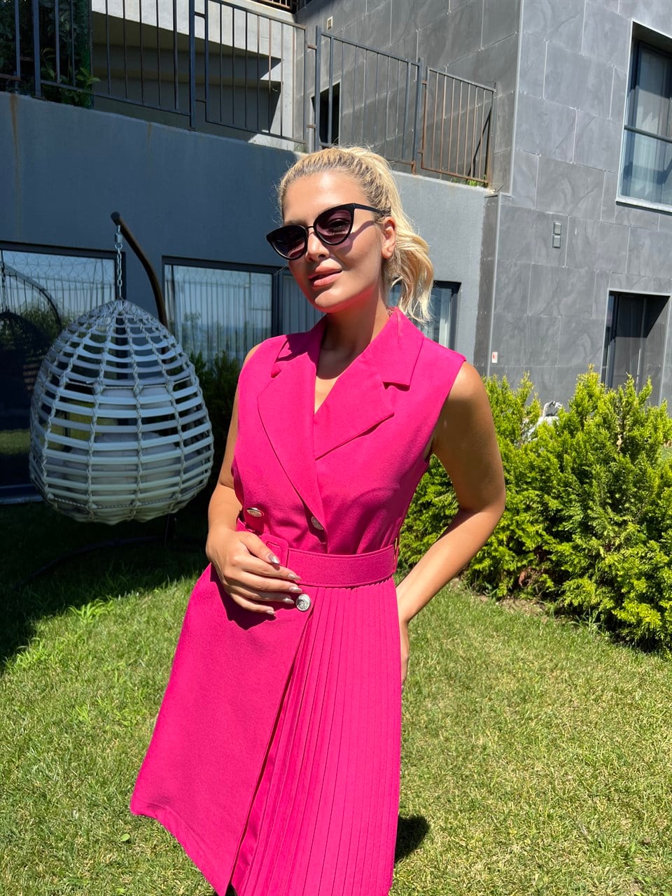Bianca Piliseli Kemerli Pembe Elbise 