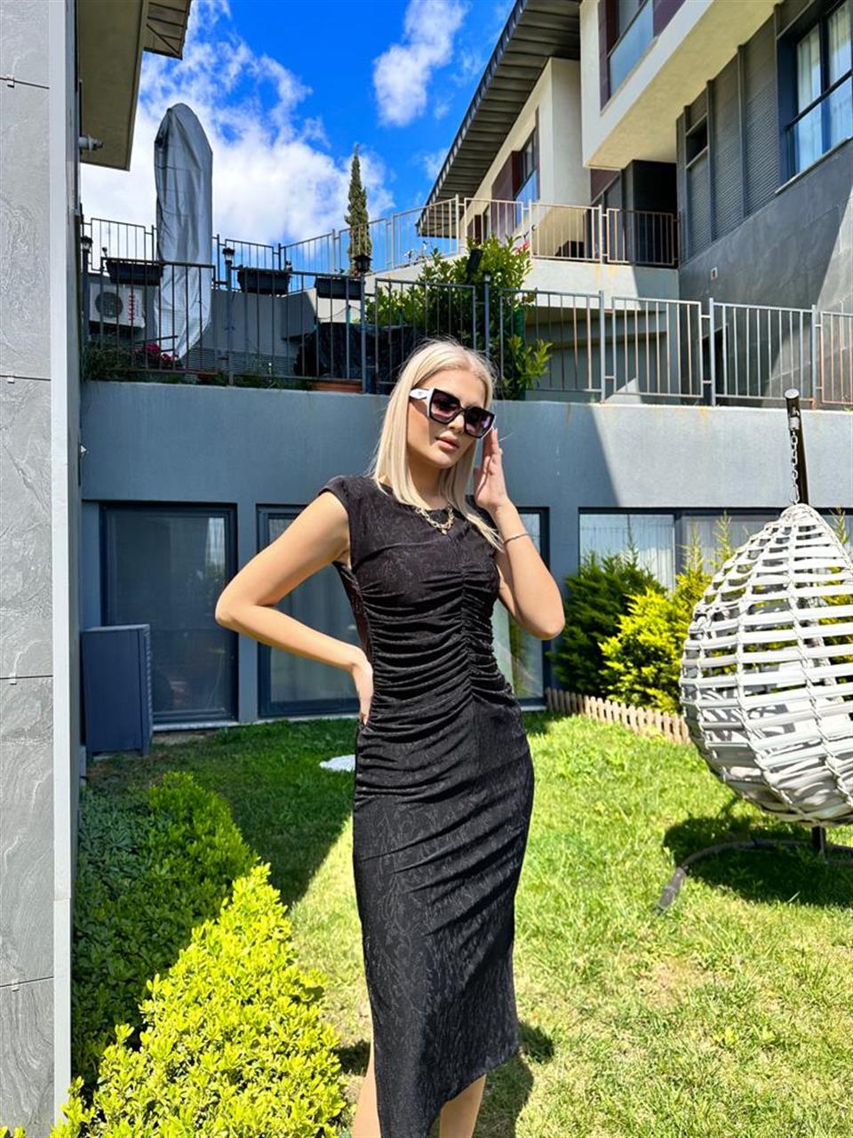 Büzgü Detay Vatkalı Kalem Elbise Siyah 0305165