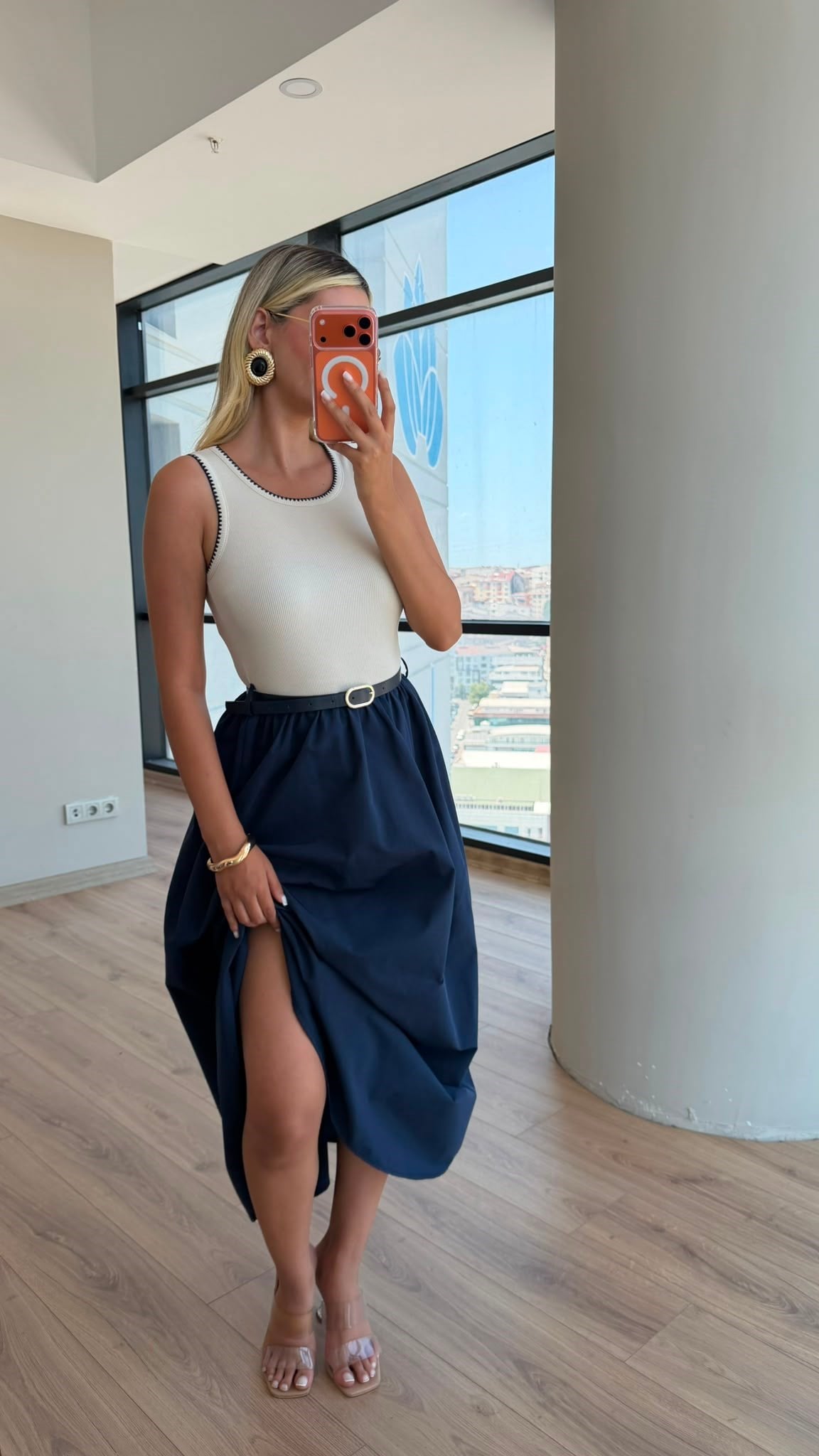 Dikiş Yakalı Kemerli Elbise Lacivert