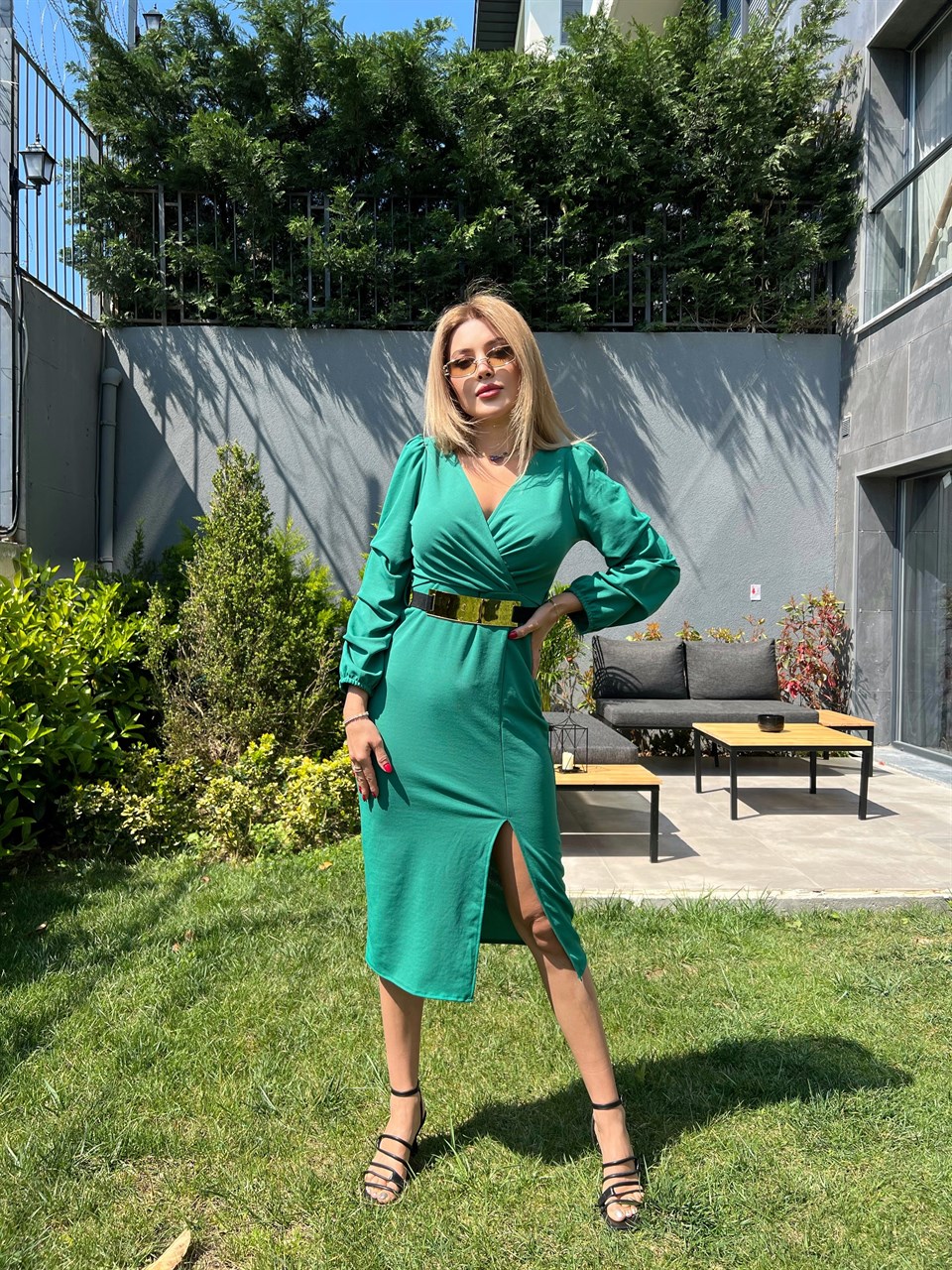 Çam Yeşili Gold Kemerli Crep Elbise