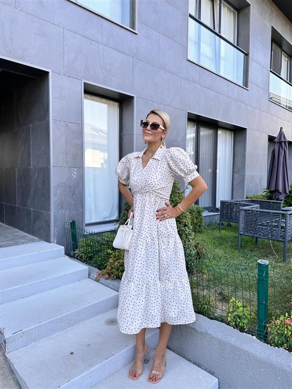 Çapraz Bağlamalı Puantiyeli Beyaz Elbise 2805255